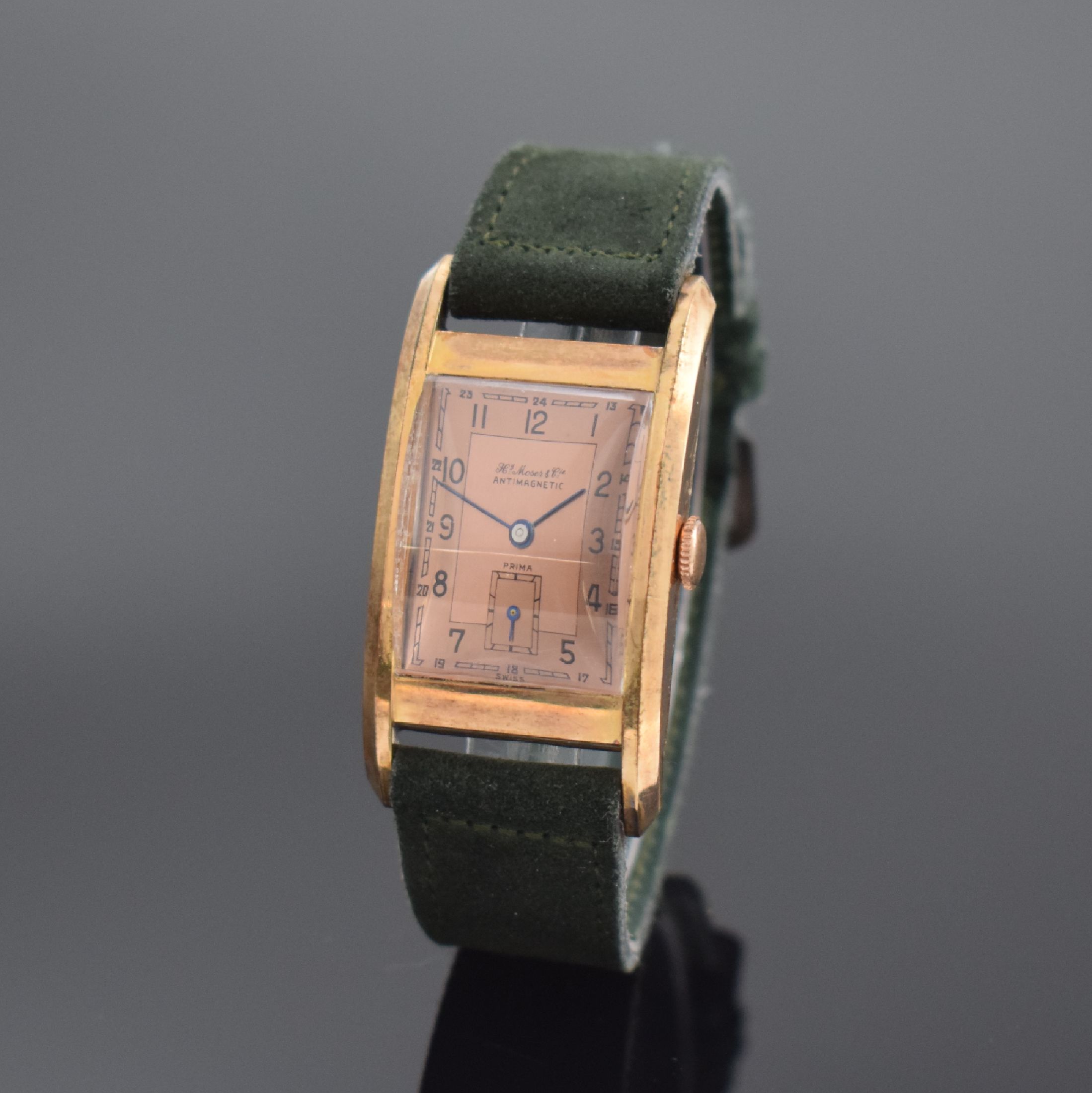 Hy MOSER & Cie Prima sehr seltene vergoldete Herrenarmbanduhr, Schweiz um 1930, Handaufzug, Geh. sign., Scharnierboden, sign. schön erhaltenes ...