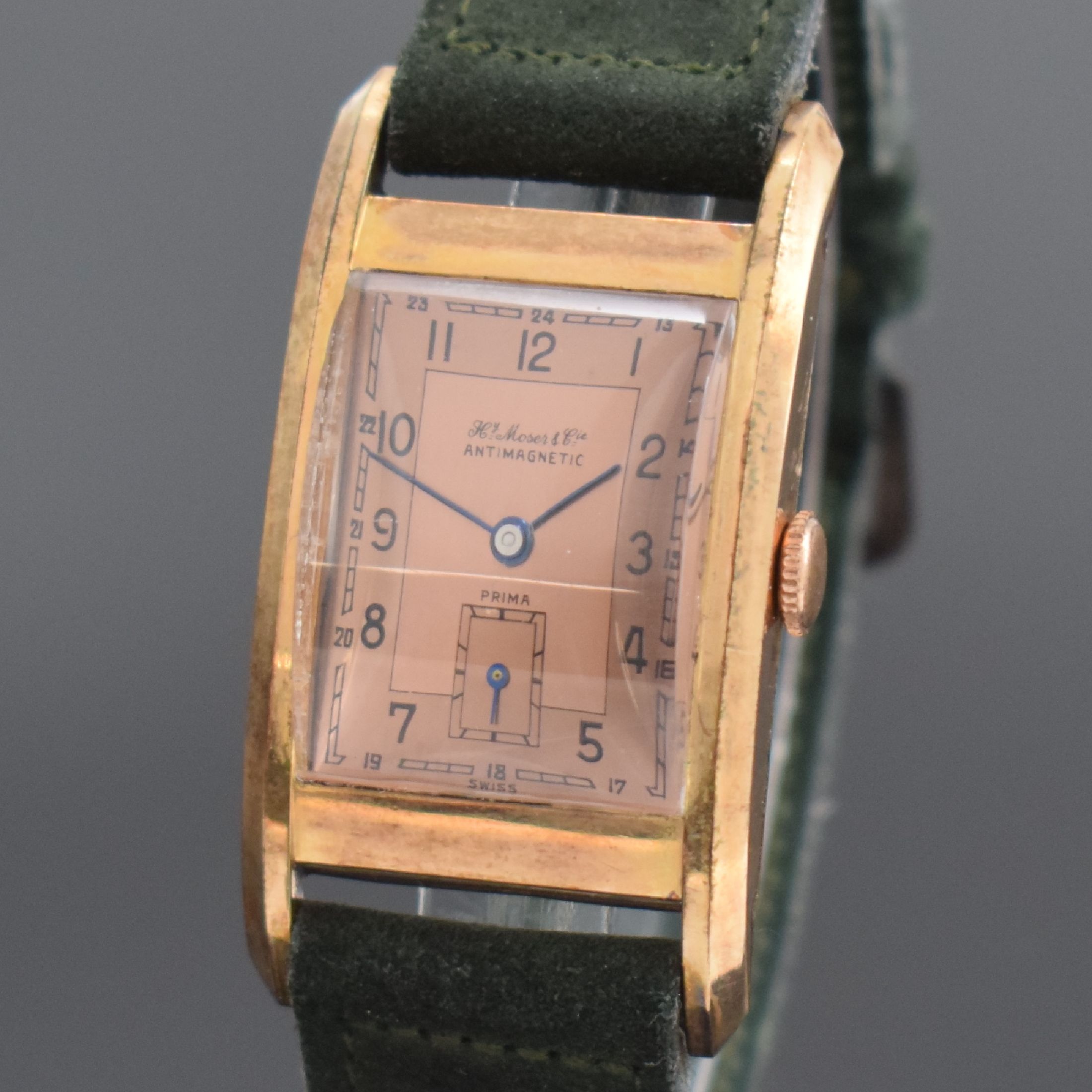 Detail a: Hy MOSER & Cie Prima sehr seltene vergoldete Herrenarmbanduhr, Schweiz um 1930, Handaufzug, Geh. sign., Scharnierboden, sign. schön erhaltenes ...