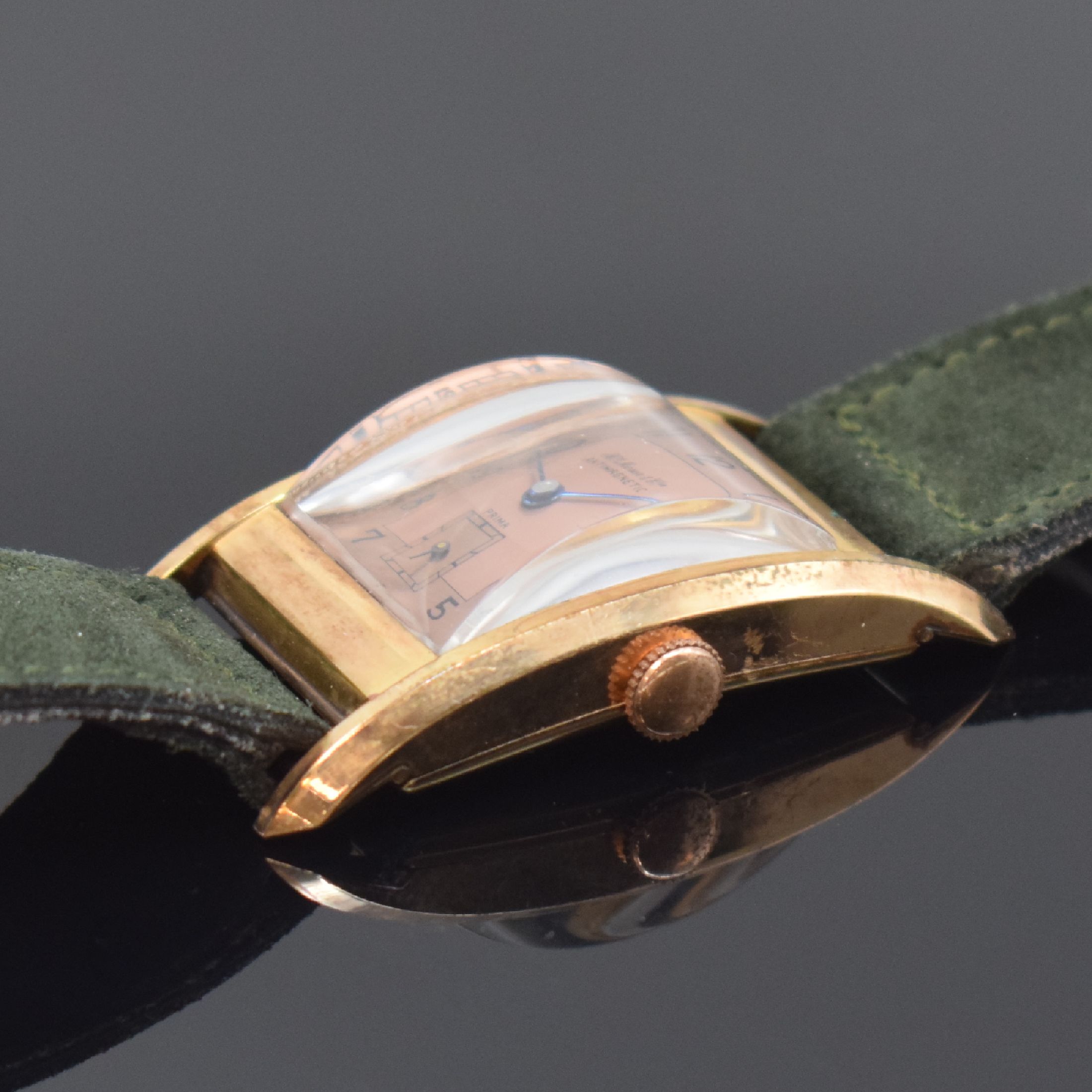 Detail b: Hy MOSER & Cie Prima sehr seltene vergoldete Herrenarmbanduhr, Schweiz um 1930, Handaufzug, Geh. sign., Scharnierboden, sign. schön erhaltenes ...