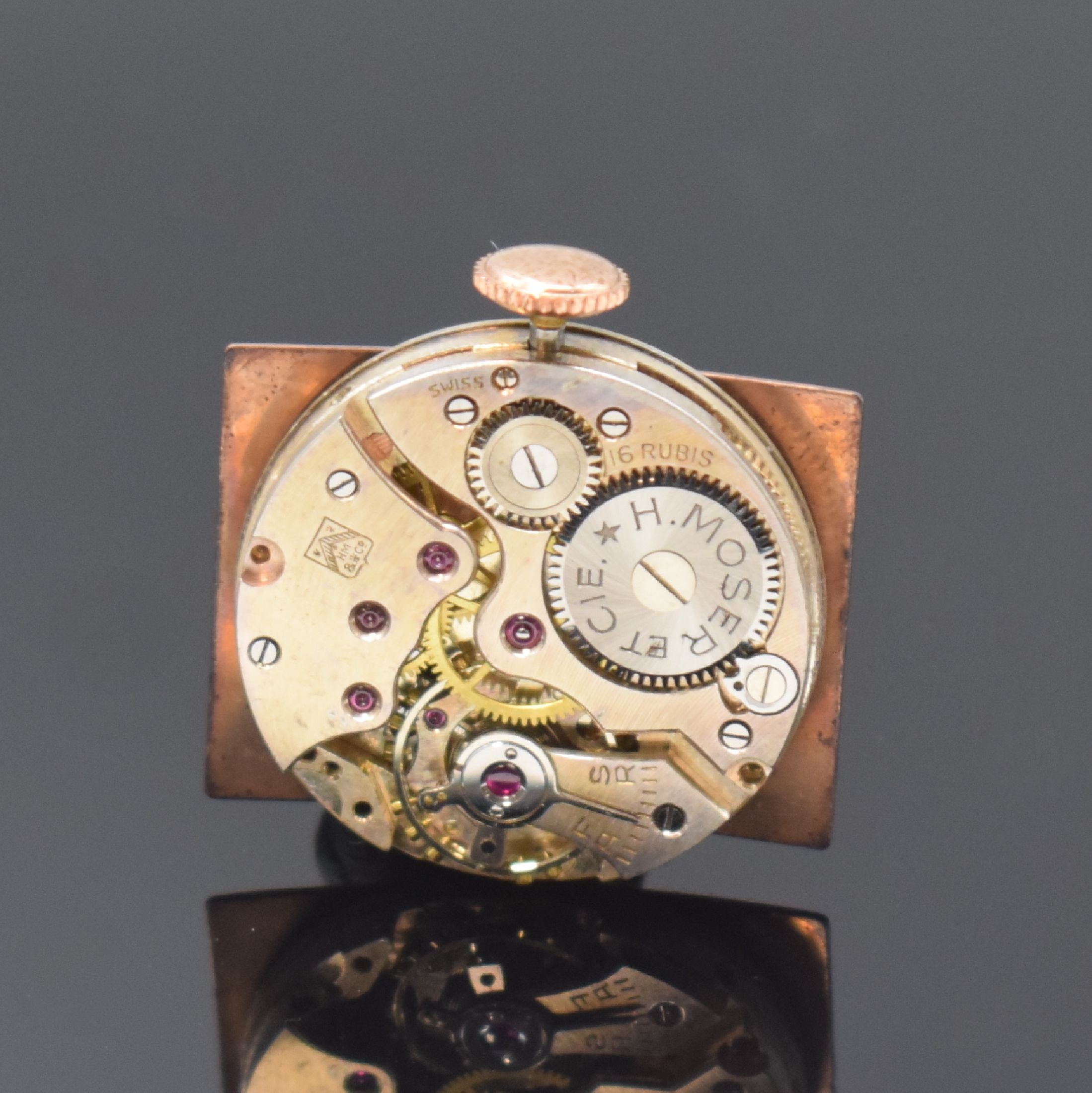 Detail e: Hy MOSER & Cie Prima sehr seltene vergoldete Herrenarmbanduhr, Schweiz um 1930, Handaufzug, Geh. sign., Scharnierboden, sign. schön erhaltenes ...