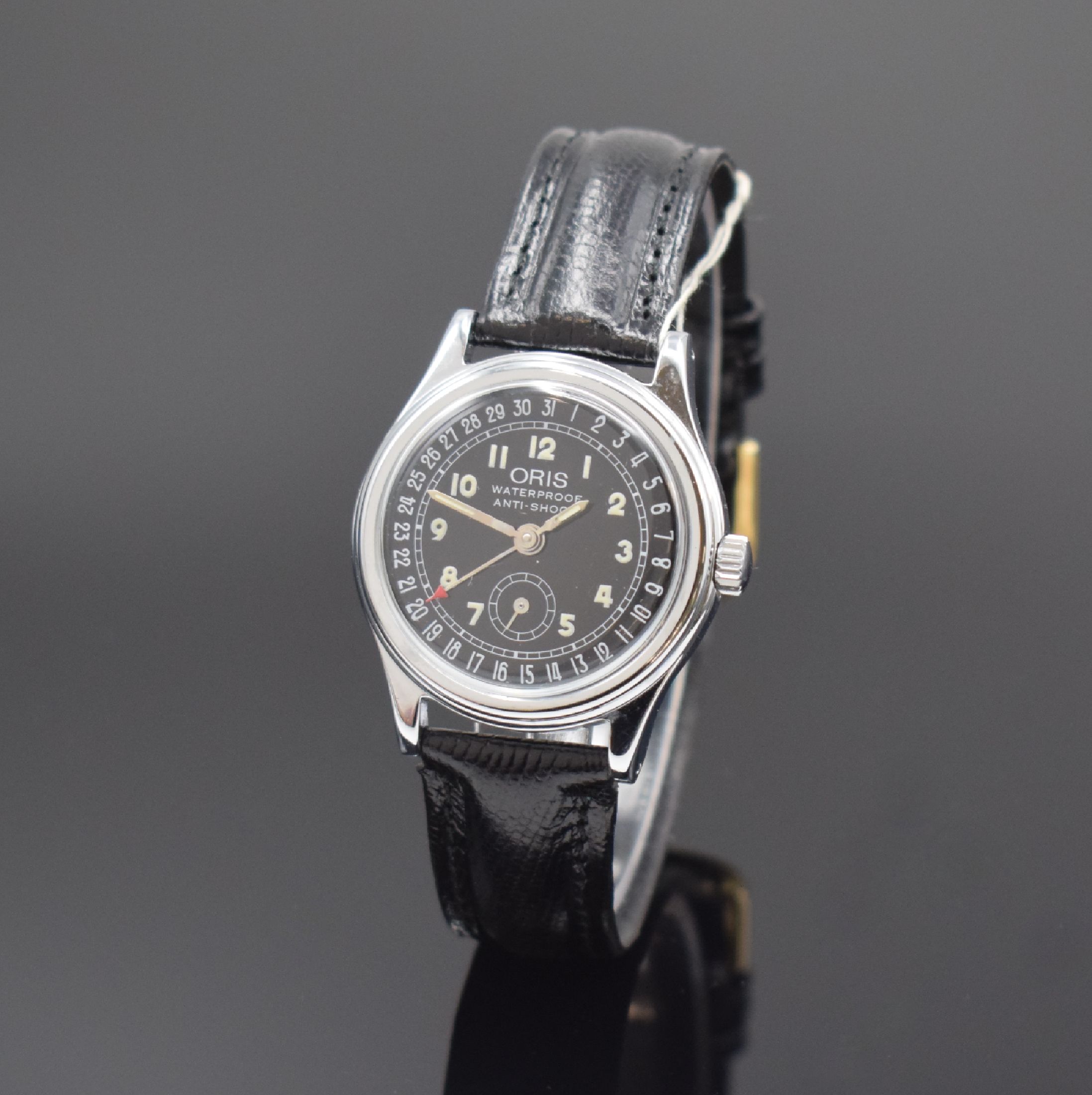 ORIS Armbanduhr mit Zeigerdatum, Schweiz um 1996, Handaufzug, Edelstahlboden verschr., schwarzes Kontrastzifferbl., Leuchtzahlen, Anz. v. Std., Min., ...
