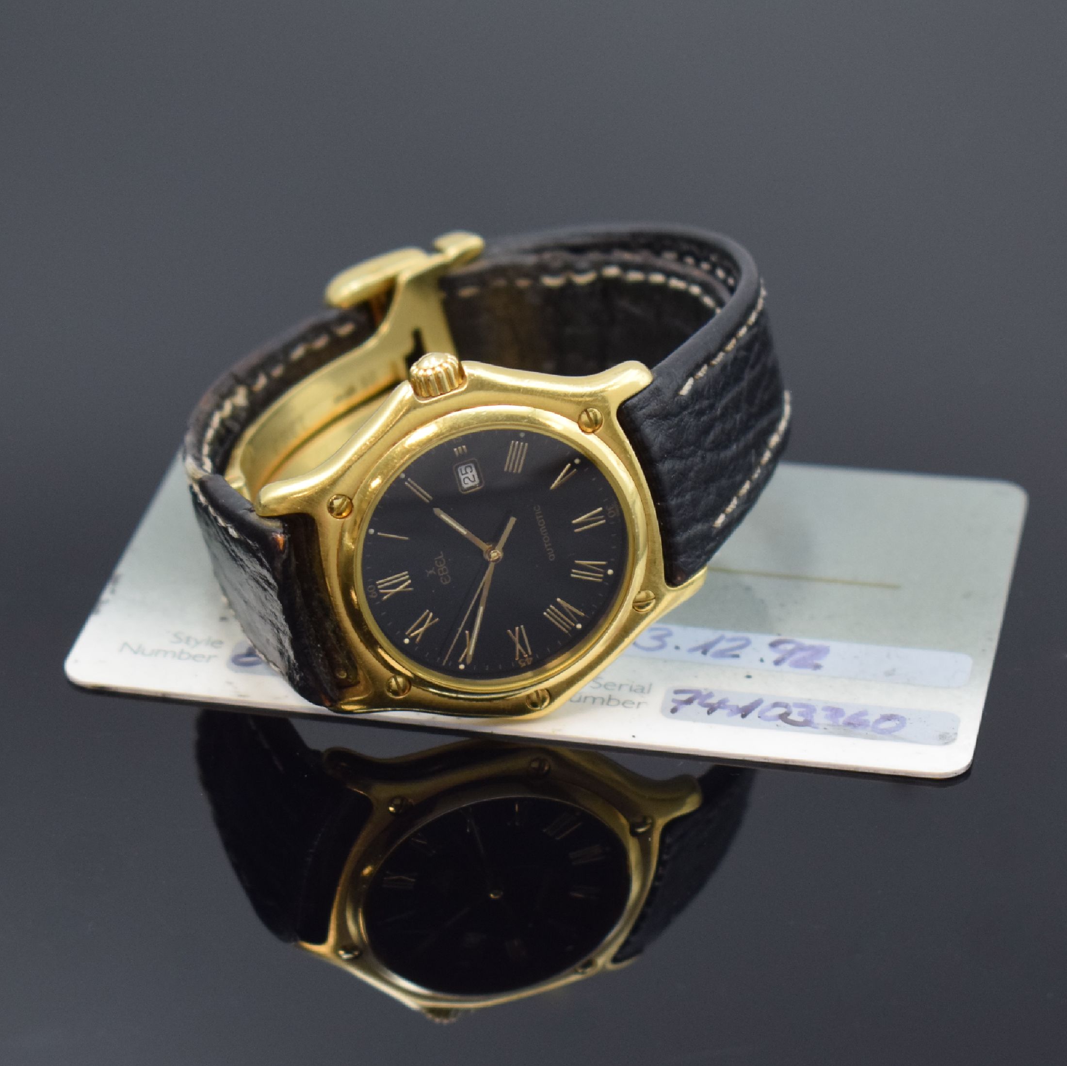Detail e: EBEL 1911 Armbanduhr in GG 750/000 Referenz 893902, Automatik, massives Goldgeh. inkl. orig. Lederband (zu ers.) m. orig. GG 750/000 Faltschl., Boden ...