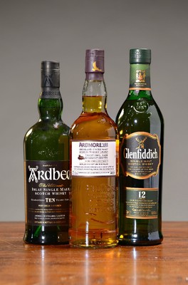 Image 26687840 - 3 bottles of Scottish single malt whiskeys, Ardmore, peated, non-chill filtered, 46%, 70cl, Ardbeg the Ultimate, 10 years, non-chillfiltered, 46%Vol., 70cl; Glenfiddich, 12 years, signature malt, 70cl, 40%Vol.
