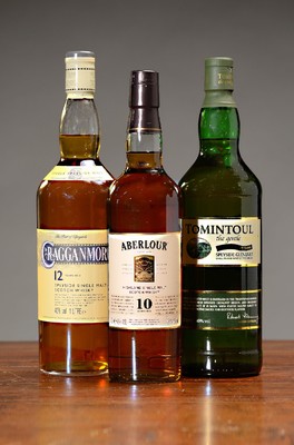 Image 26687842 - 3 bottles of Scottish single malt whiskeys, Cragganmore, 12 years, 40%vol., 1 liter; Aberlour, 10 years, 40% ABV, 70cl; Tomintoul, 1 liter, 40%Vol., peated malt