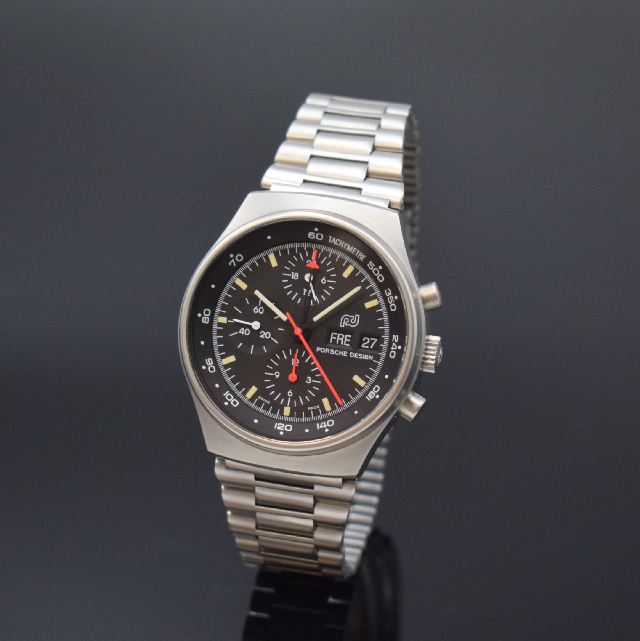 ORFINA / PORSCHE DESIGN nahezu neuwertiger Armbandchronograph Referenz 7176 S, Automatik, Schweiz 1970er Jahre, matt. Edelstahlgeh. inkl. Gliederband ...