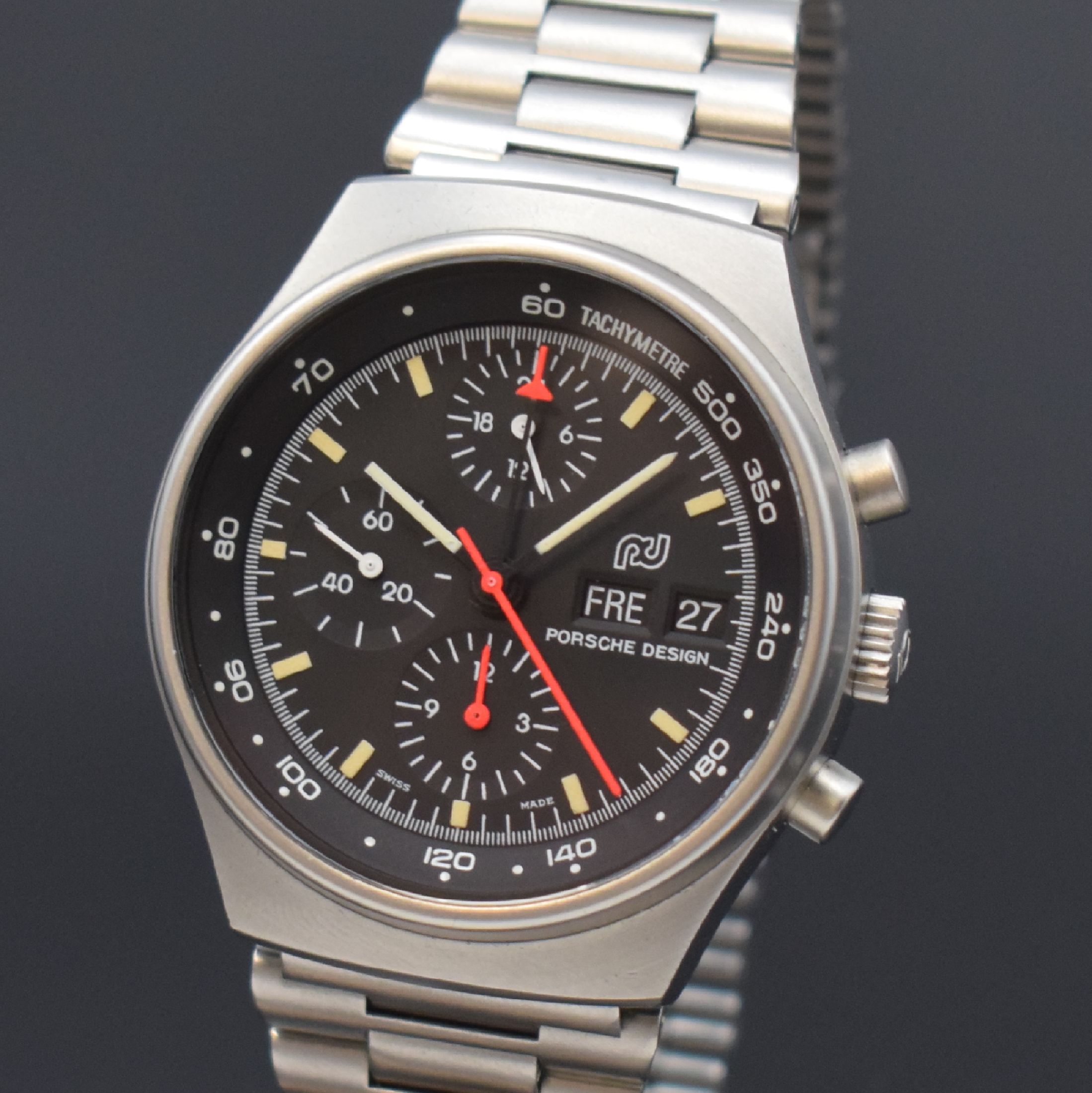 Detail a: ORFINA / PORSCHE DESIGN nahezu neuwertiger Armbandchronograph Referenz 7176 S, Automatik, Schweiz 1970er Jahre, matt. Edelstahlgeh. inkl. Gliederband ...