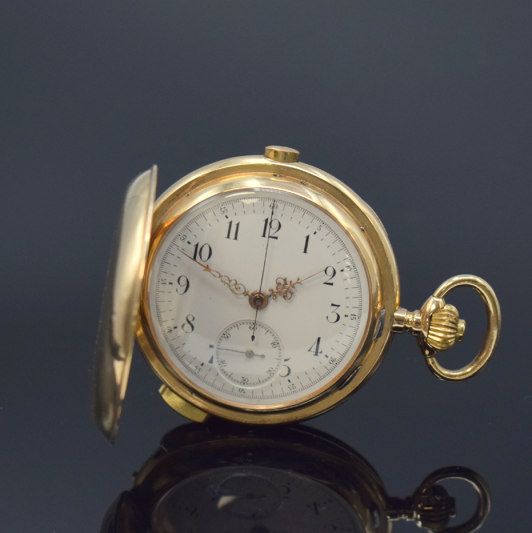 Herrensavonette mit 1/4-Repetition und Schaltradchronograph in RG 585/000, Schweiz um 1900, guill. 3-Deckel Goldgeh. dell., Sprungdeckel mit ...