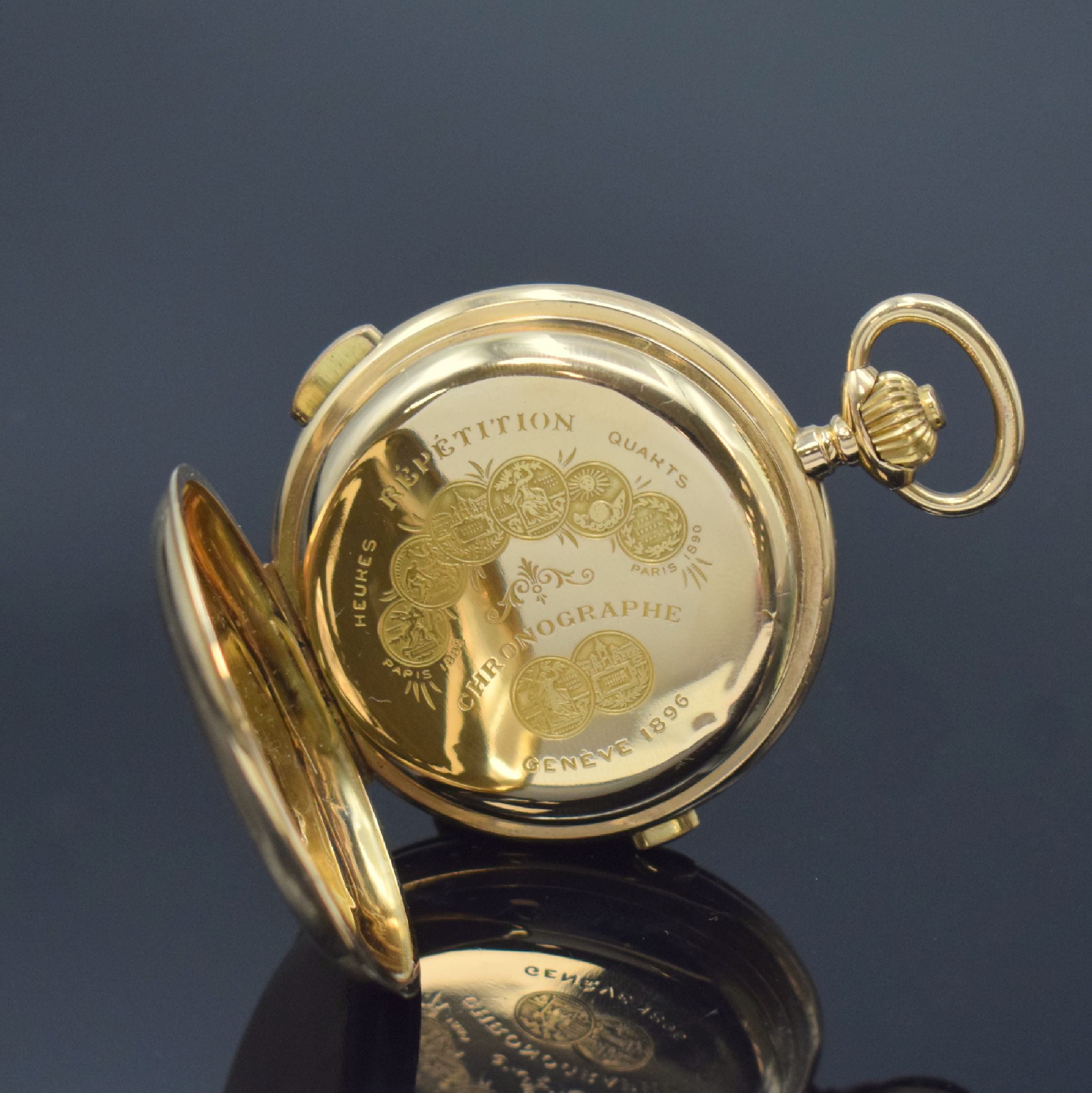 Detail e: Herrensavonette mit 1/4-Repetition und Schaltradchronograph in RG 585/000, Schweiz um 1900, guill. 3-Deckel Goldgeh. dell., Sprungdeckel mit ...
