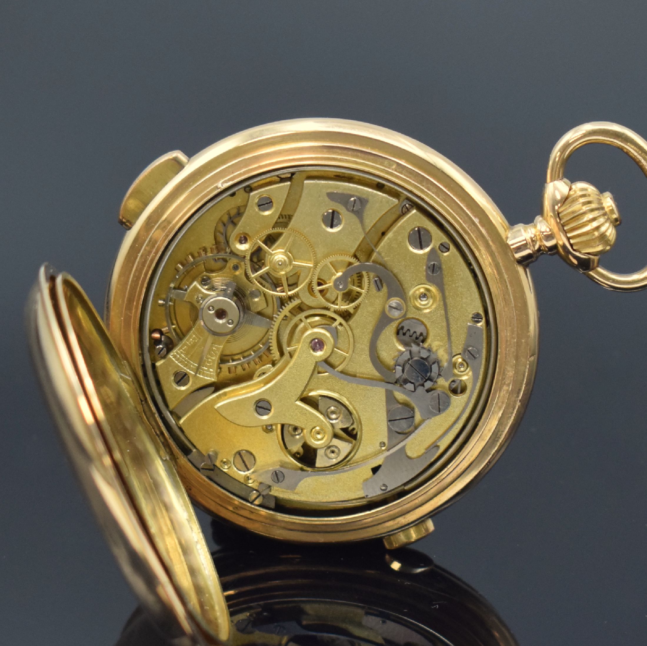 Detail g: Herrensavonette mit 1/4-Repetition und Schaltradchronograph in RG 585/000, Schweiz um 1900, guill. 3-Deckel Goldgeh. dell., Sprungdeckel mit ...