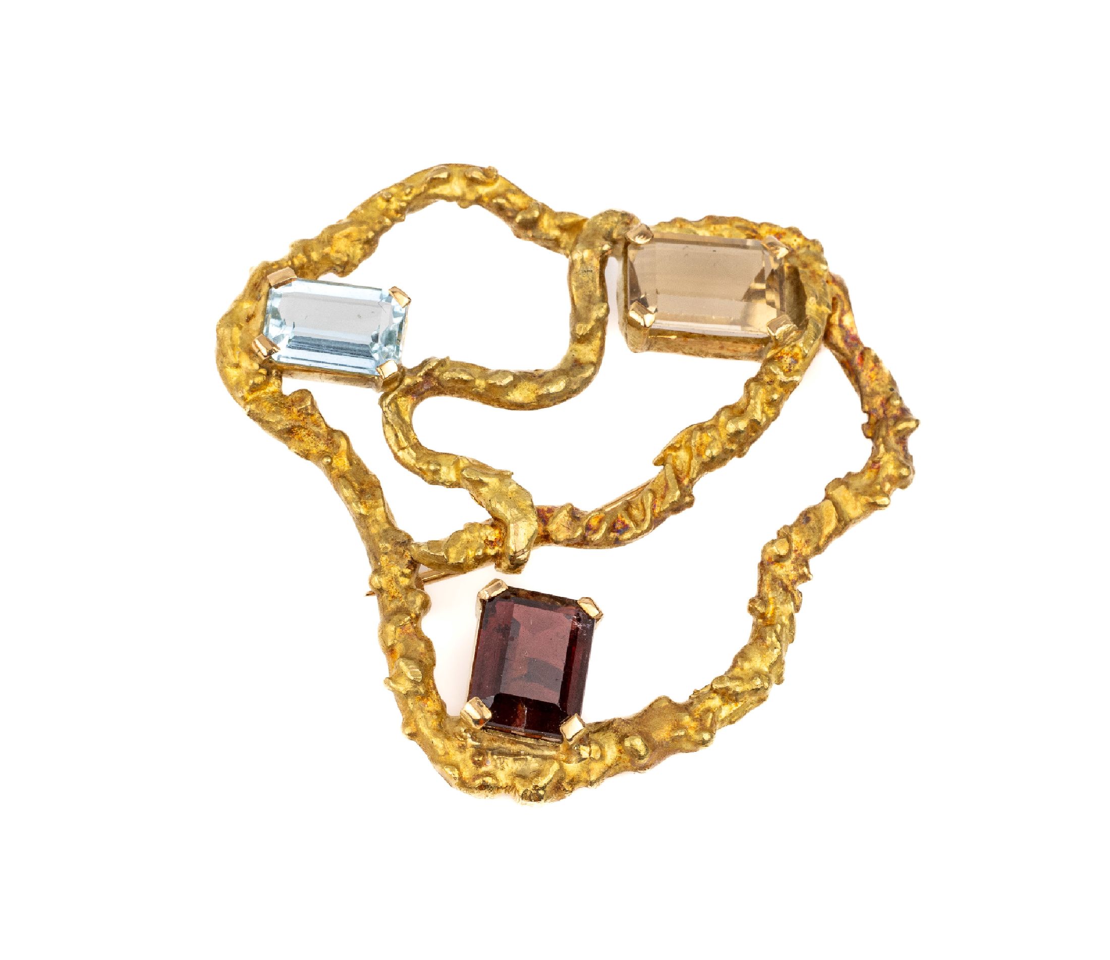 18 kt Gold Farbsteinbrosche/-anhänger, GG 750/000, facett. wohl Skapolith, Turmalin und Aquamarin im Emerald Cut zus. ca. 6.0 ct, strukturierte ...