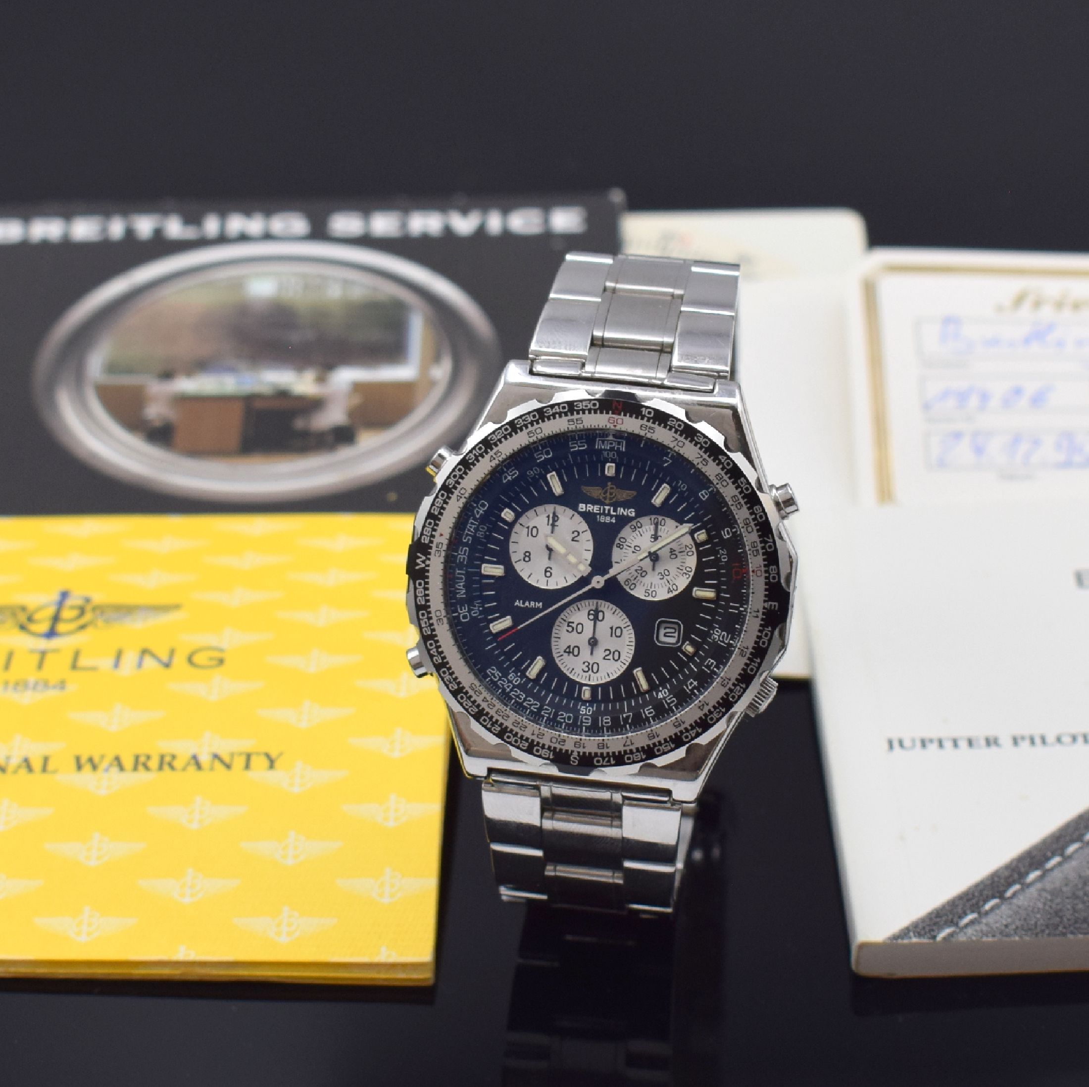 BREITLING Herrenchronograph Modell Jupiter Pilot in Stahl Referenz A59028, Schweiz verk. lt. beil. Pap. 12/1995, quarz, verschr. Geh. inkl. orig. ...