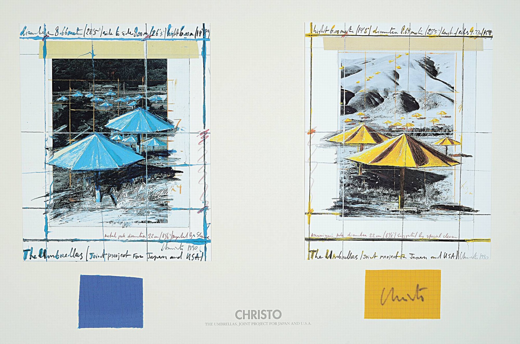 Christo, 1935-2020, Calendar, Dokumentationsmappe aller großen Projekte, 12 Abbildungen im Format 70x100cm, ein Textblatt, ein Blatt beschädigt, ...