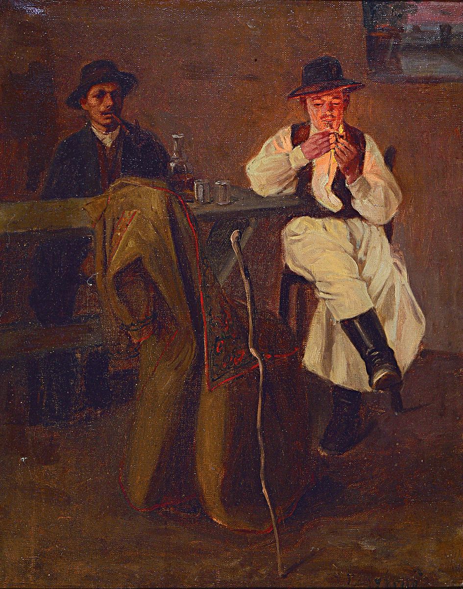 Ern? Nagy, 1881-1951 Ungarn, Hirte und Bauer in der Stube, Öl/Lwd, rechts unten signiert, ca. 50x40cm, R. ca. 71x61cm