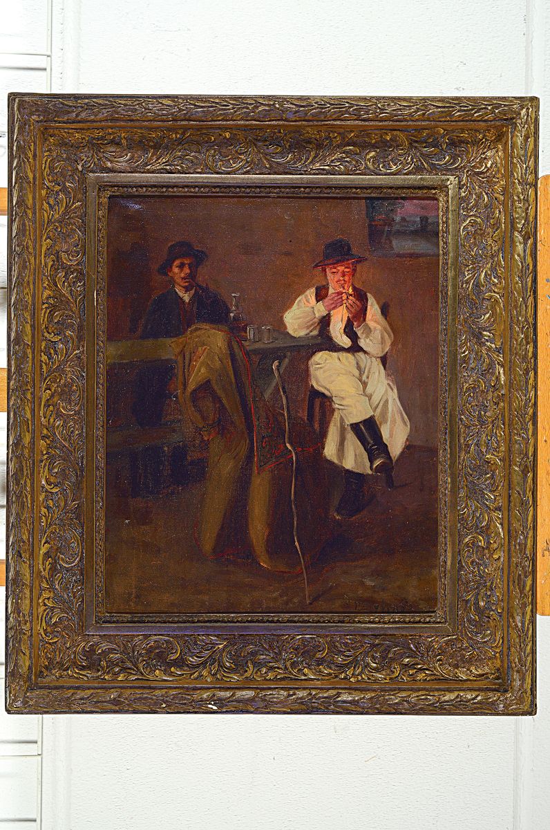 Detail k: Ern? Nagy, 1881-1951 Ungarn, Hirte und Bauer in der Stube, Öl/Lwd, rechts unten signiert, ca. 50x40cm, R. ca. 71x61cm