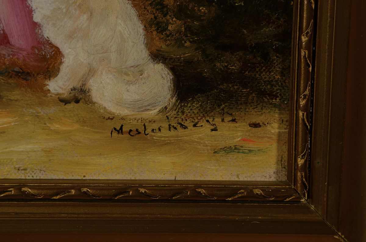Detail a: Denes Mesterhazy, ungarischer Maler des 19./20. Jh., Junge Frau mit zwei Katzen strickend vor dem Haus, Öl/Lwd, rechts unten signiert, ca. 45x26cm, ...