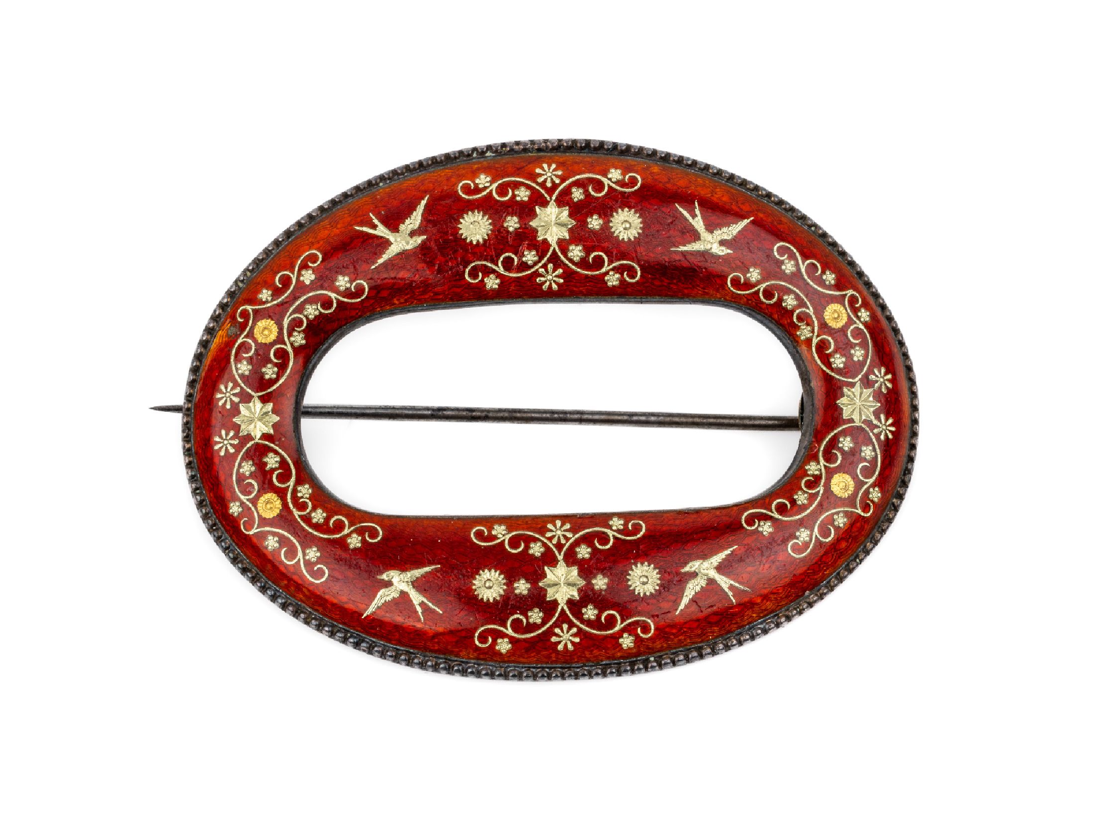 Brosche mit Email, Silber, um 1900, rotbraunes transluzides Email auf guillochiertem Grund, mit eingelegten goldf. Blüten, Ornamenten und Vögeln, ...