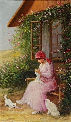 Image 26687990 - Denes Mesterhazy, Hungarian painter of the 19th/20th century, Young woman with two cats knitting in front of the house, oil/canvas, signed lower right, approx. 45x26cm, frame approx. 56x38cm