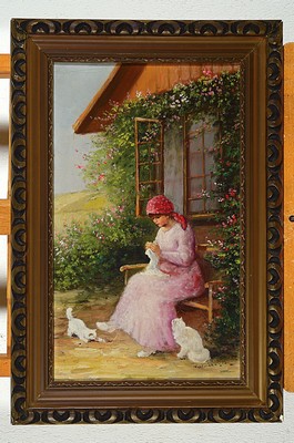 26687990k - Denes Mesterhazy, Hungarian painter of the 19th/20th century, Young woman with two cats knitting in front of the house, oil/canvas, signed lower right, approx. 45x26cm, frame approx. 56x38cm