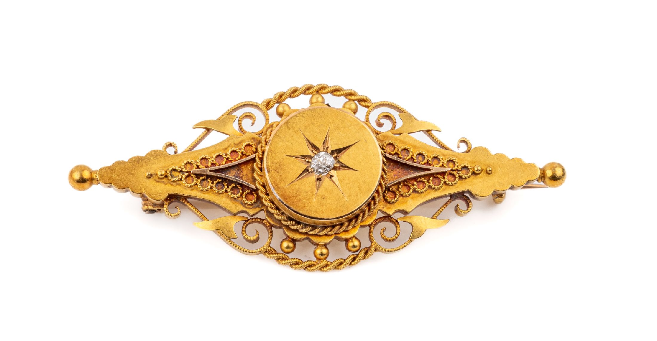 15 kt Gold Diamant-Brosche, GG 625/000, wohl England, um 1880, Aufbau in mehreren Ebenen, Verzierungen mit gedrehten Golddrähten, 1 kl. ...