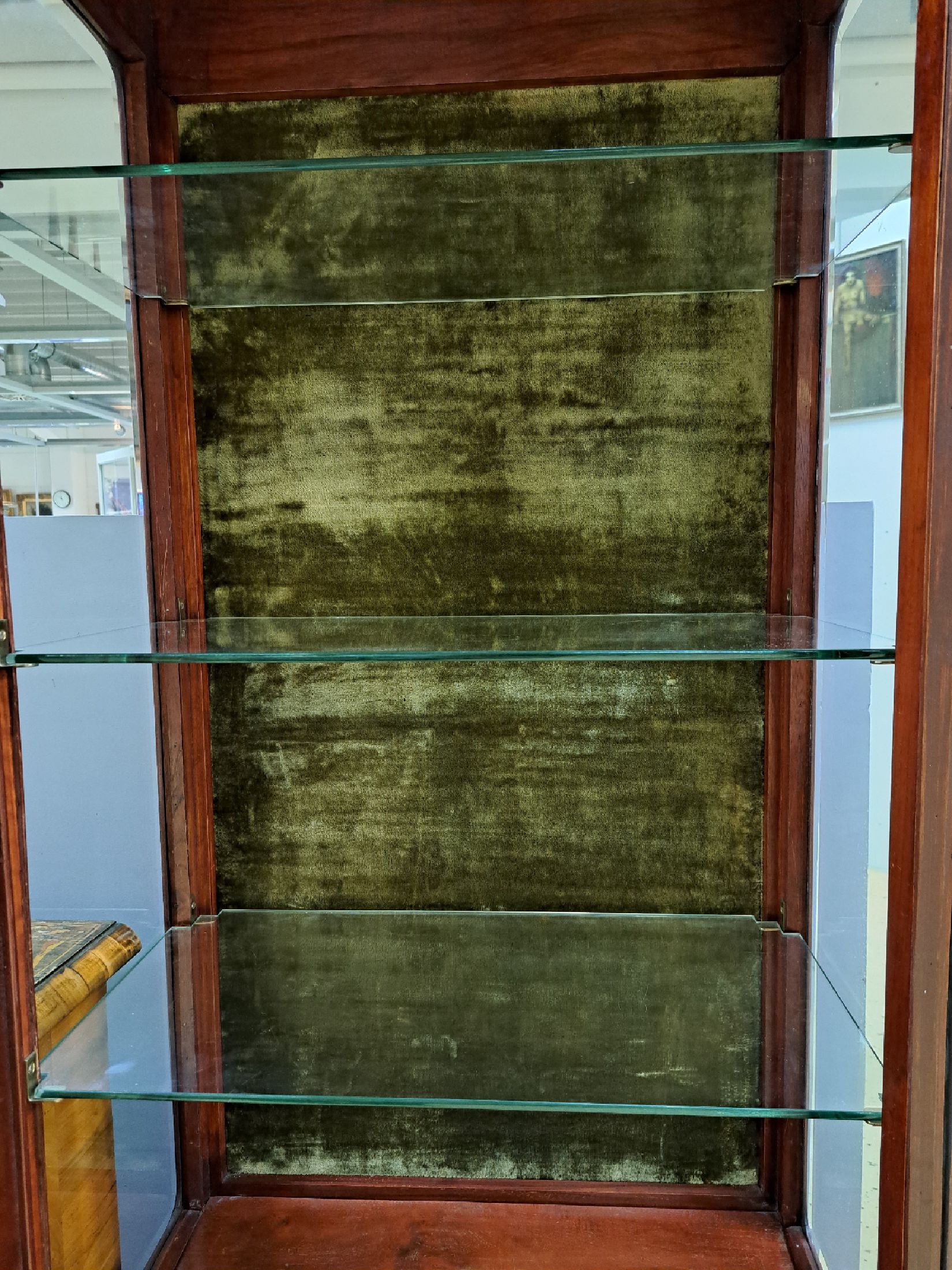 Detail c: Jugendstil-Vitrine, Anfang 20.Jh., Mahagoni, verglaste Tür, floraler Reliefdekor, 1-schübig, Schlüssel vorhanden, 180x70x40 cm, EZ 2-3