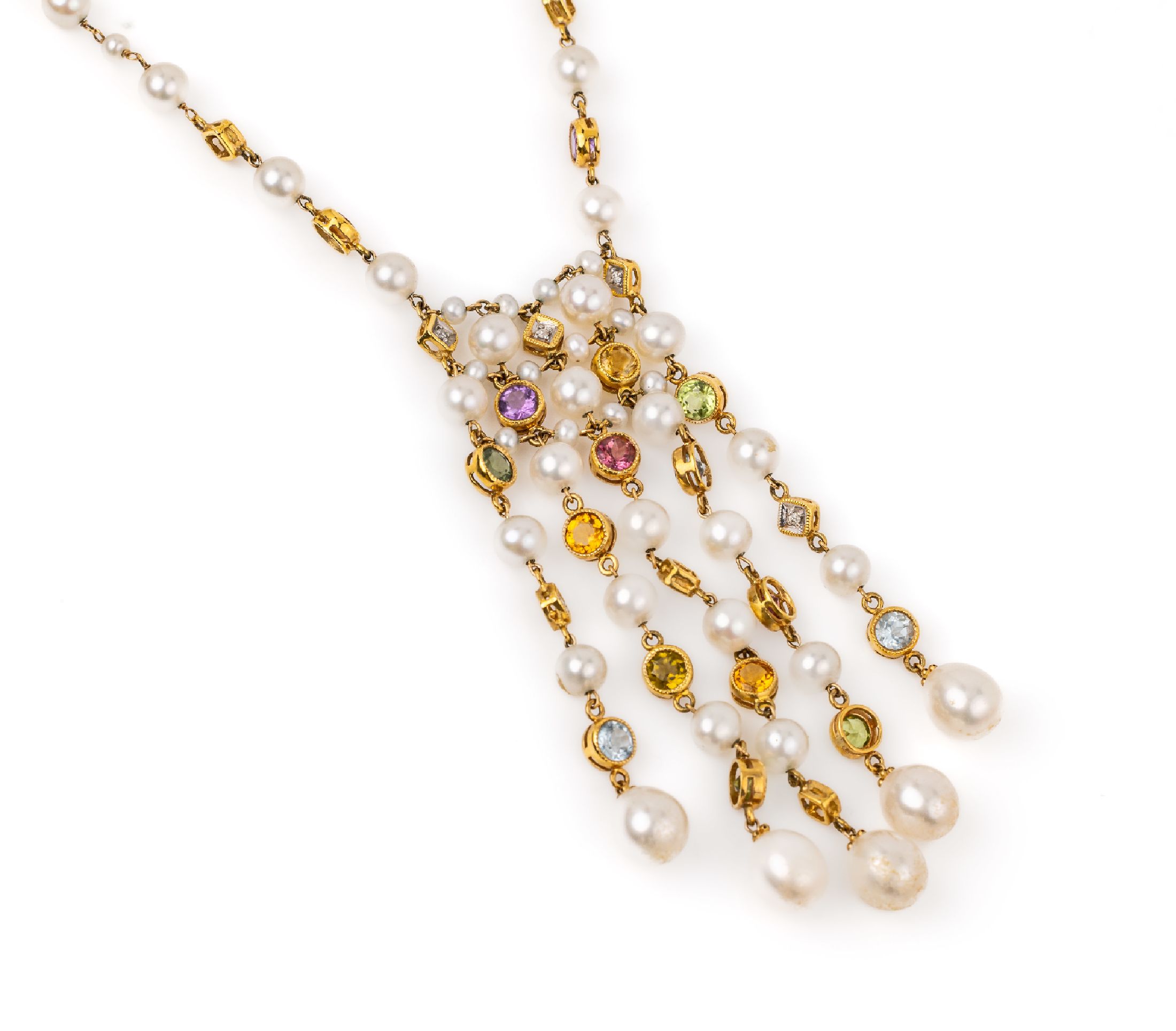 18 kt Gold Zuchtperl-Farbstein-Collier, GG 750/000, Zuchtperlen, D. ca. 3-7.5 mm, Mittelteil mit 16 rundfacett. Farbsteinen, u.a. Turmaline, ...