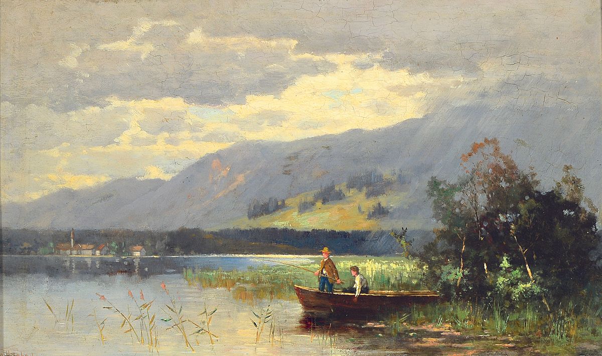Eugen Reichenbach, 1840 München-1926 Kontopp/Schlesien, "Simsee bei Rosenheim" soverso bez., zwei Angler am See, links unten signiert, ...