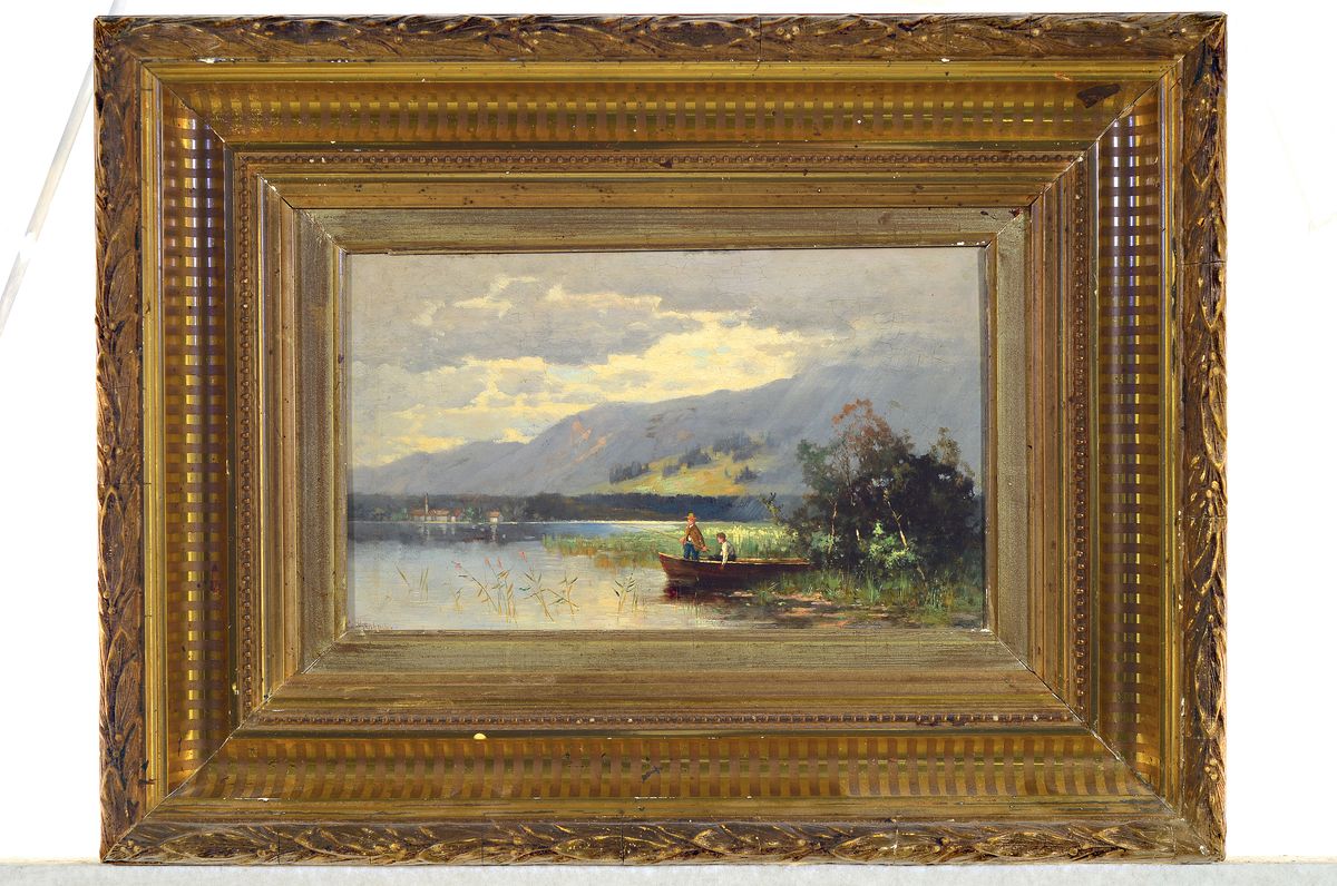 Detail k: Eugen Reichenbach, 1840 München-1926 Kontopp/Schlesien, "Simsee bei Rosenheim" soverso bez., zwei Angler am See, links unten signiert, ...