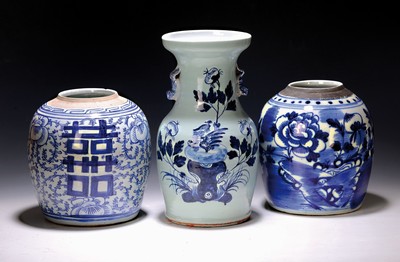 Image Vase and two lidded vessels, China, late 19th century, porcelain, storage vessel without ...