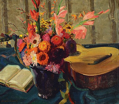 Image 26688057 - Armin Wurm, 1880-1949 Munich, still life with flowers, guitar and book, oil/canvas, signed lower left, approx. 47x54cm, wide pomp frame approx. 68x75cm