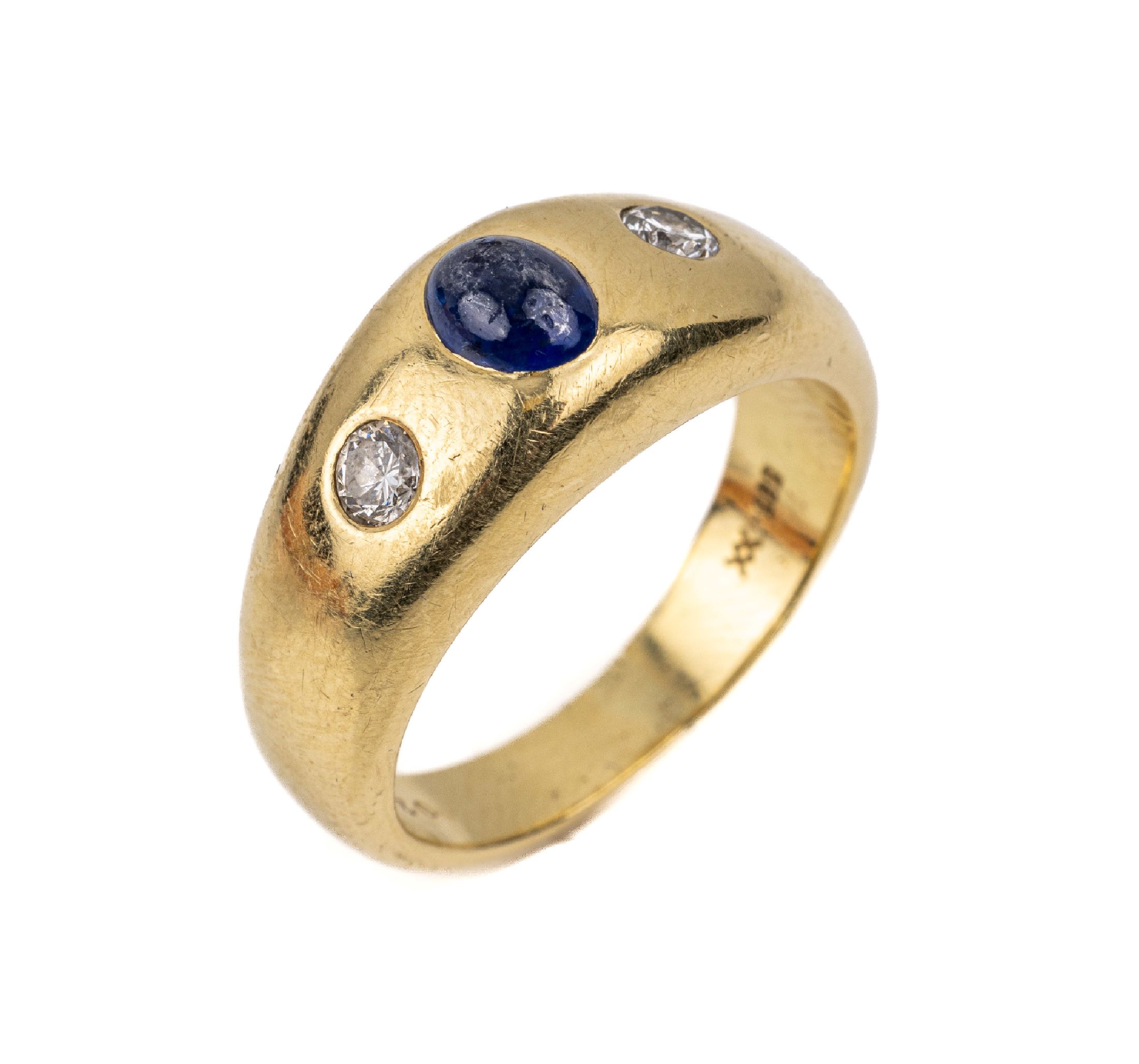 14 kt Gold Saphir-Brillant-Ring, GG 585/000, mittig ovaler Saphir-Cabochon ca. 0.97 ct (grav.) 2 Brillanten zus. ca. 0.28 ct (grav.) Weiß/si, RW ...