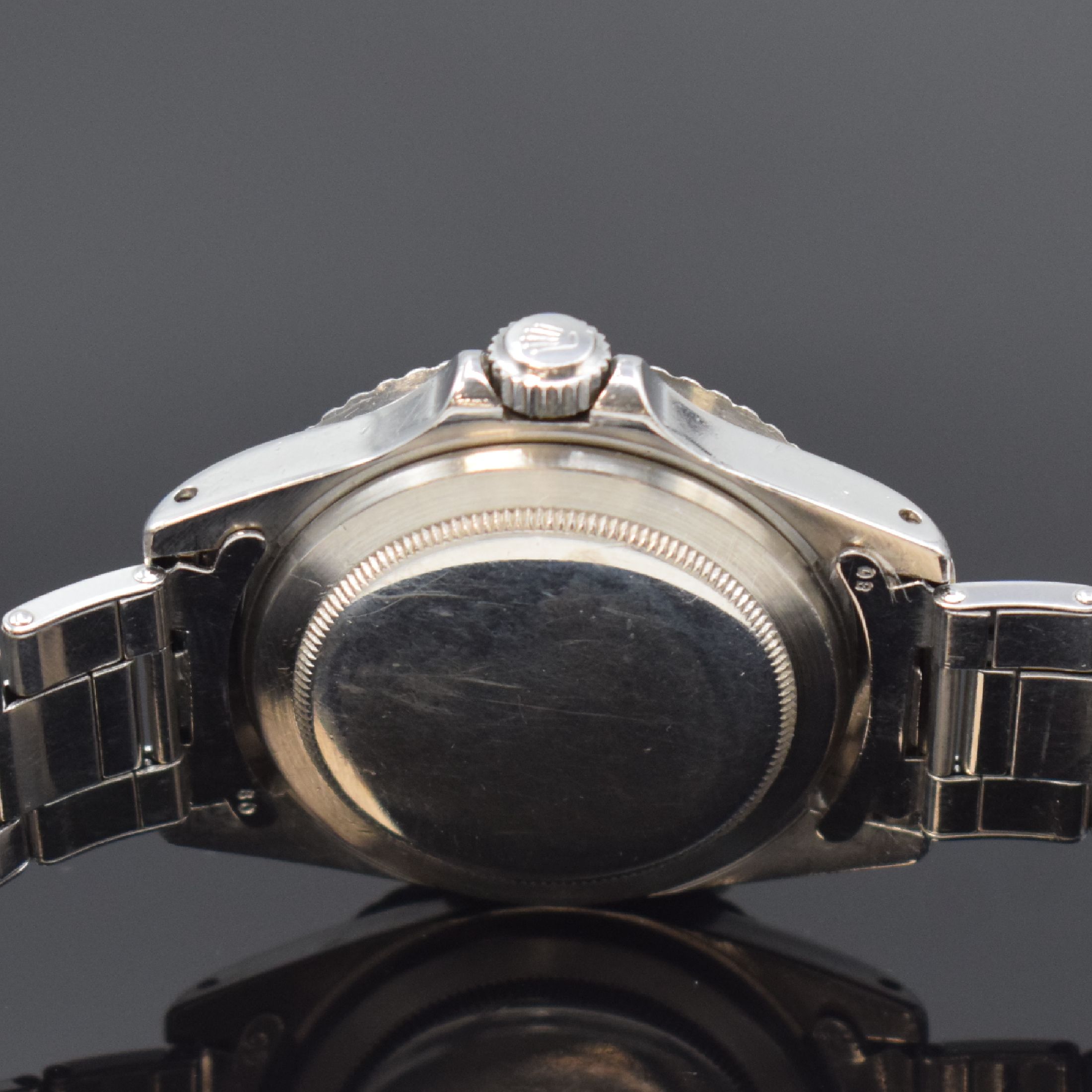 Detail f: ROLEX Oyster Perpetual Submariner Referenz 5513 Herrenarmbanduhr in Stahl, Schweiz, 1. Quartal 1966 lt. Bodengravur, verschr. Oystergeh, vernietetes ...