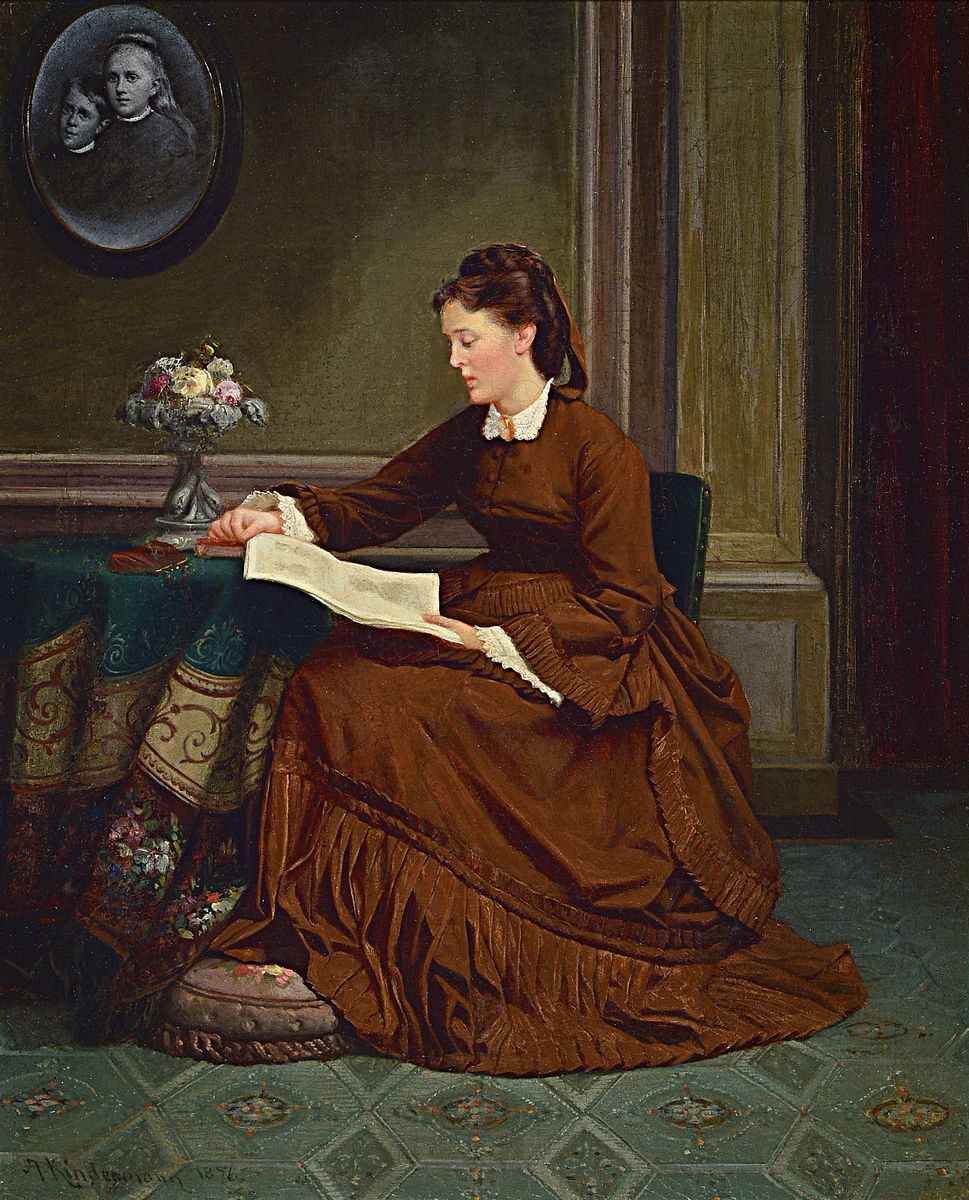 Adolph Kindermann, 1823 Lübeck-1892 Hamburg, Junge Frau lesend im Salon, Öl/Lwd, feine lasierende Malerei, links unten signiert und dat. 1876, ca. ...