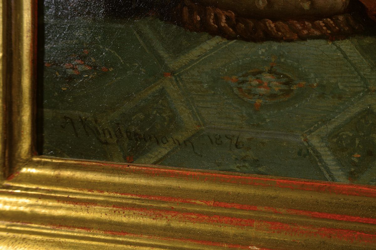 Detail a: Adolph Kindermann, 1823 Lübeck-1892 Hamburg, Junge Frau lesend im Salon, Öl/Lwd, feine lasierende Malerei, links unten signiert und dat. 1876, ca. ...