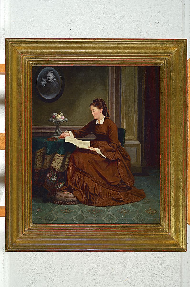 Detail k: Adolph Kindermann, 1823 Lübeck-1892 Hamburg, Junge Frau lesend im Salon, Öl/Lwd, feine lasierende Malerei, links unten signiert und dat. 1876, ca. ...