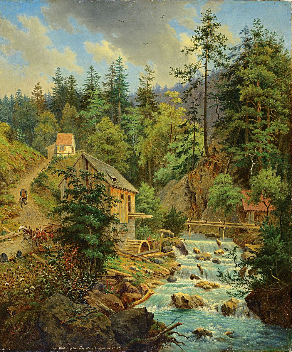 Unbekannter Maler, datiert 1866, Landschaft mit Mühle, Bach und Wald, Öl/Lwd, links unten unleserlich signiert, betitelt Alberschwende und datiert, ...