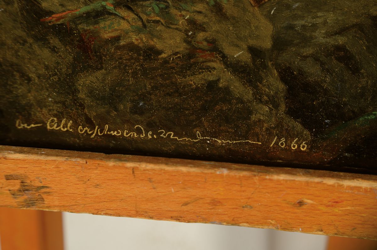 Detail a: Unbekannter Maler, datiert 1866, Landschaft mit Mühle, Bach und Wald, Öl/Lwd, links unten unleserlich signiert, betitelt Alberschwende und datiert, ...