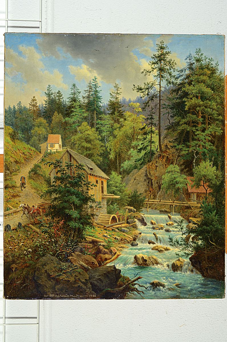 Detail k: Unbekannter Maler, datiert 1866, Landschaft mit Mühle, Bach und Wald, Öl/Lwd, links unten unleserlich signiert, betitelt Alberschwende und datiert, ...