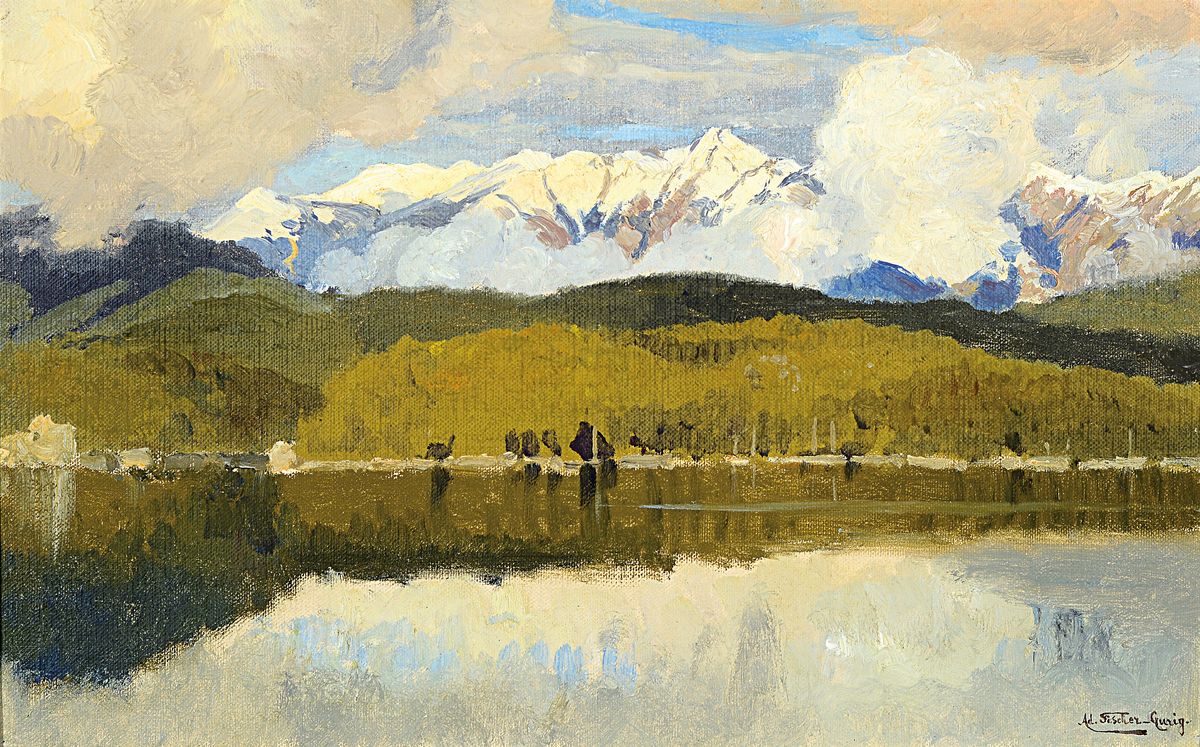 Adolf Fischer-Gurig, 1860 Obergurig bei Bautzen-1918 Dresden, Herbststimmung am Eibsee, rückseitig auf altem Künstleretikett so betitelt, ...