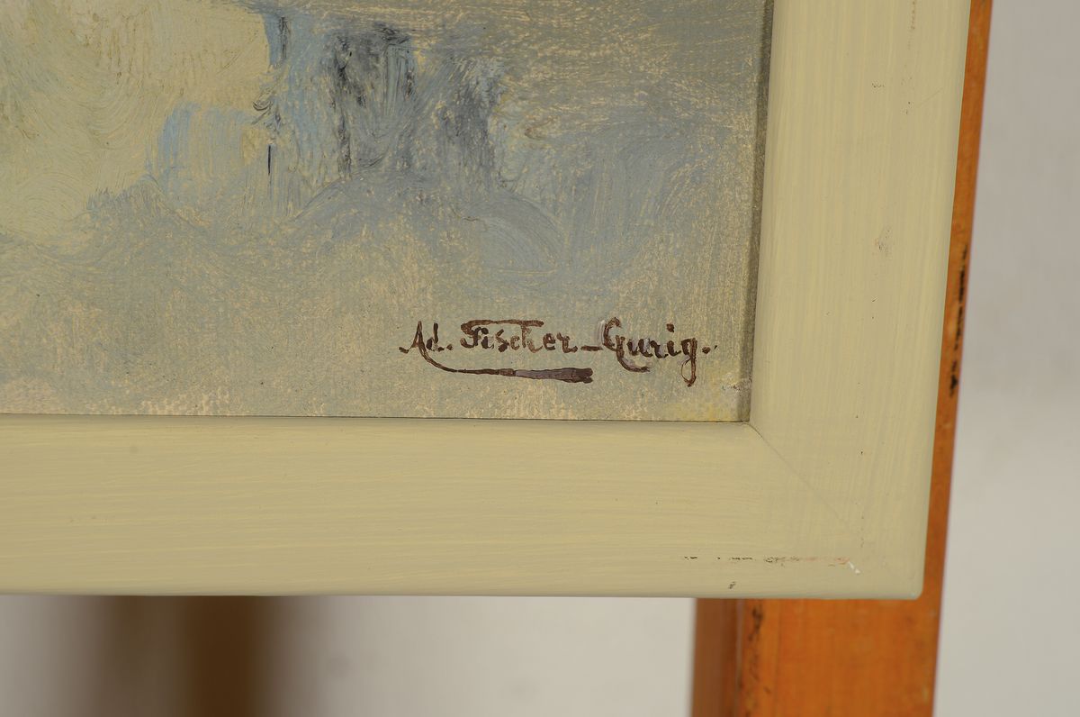 Detail a: Adolf Fischer-Gurig, 1860 Obergurig bei Bautzen-1918 Dresden, Herbststimmung am Eibsee, rückseitig auf altem Künstleretikett so betitelt, ...
