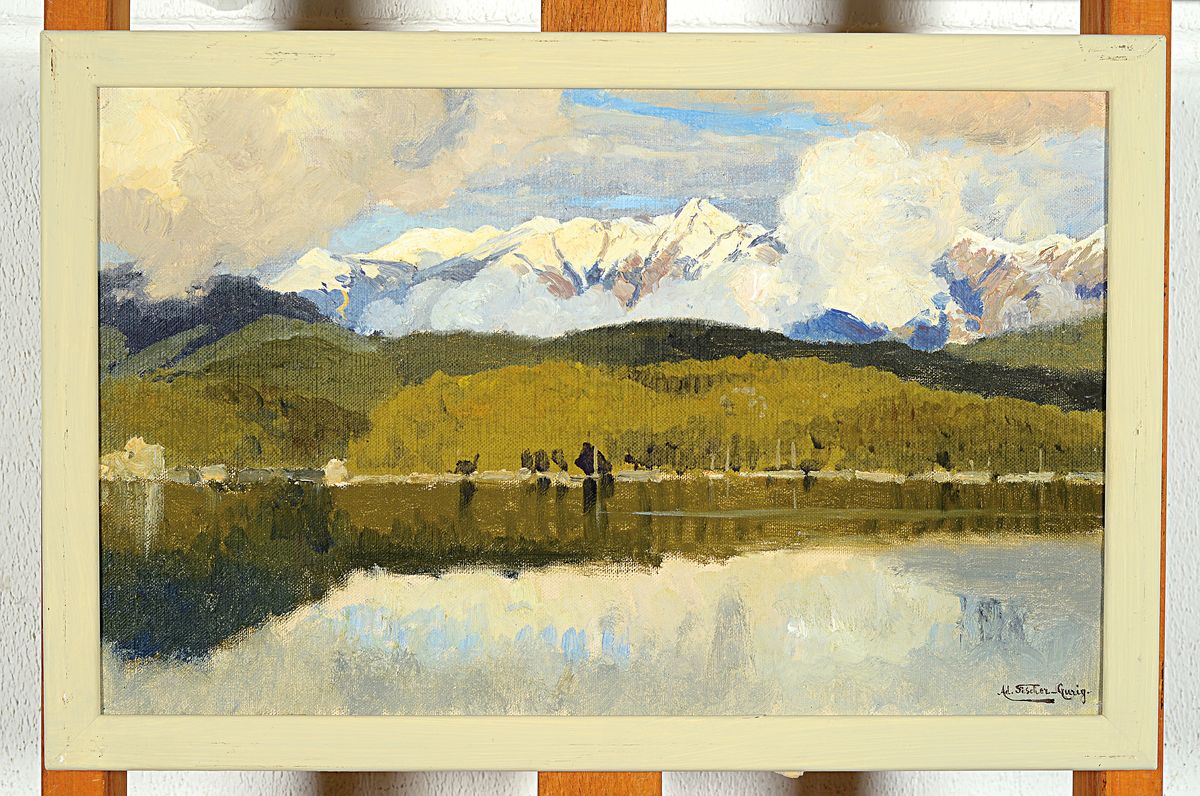 Detail k: Adolf Fischer-Gurig, 1860 Obergurig bei Bautzen-1918 Dresden, Herbststimmung am Eibsee, rückseitig auf altem Künstleretikett so betitelt, ...