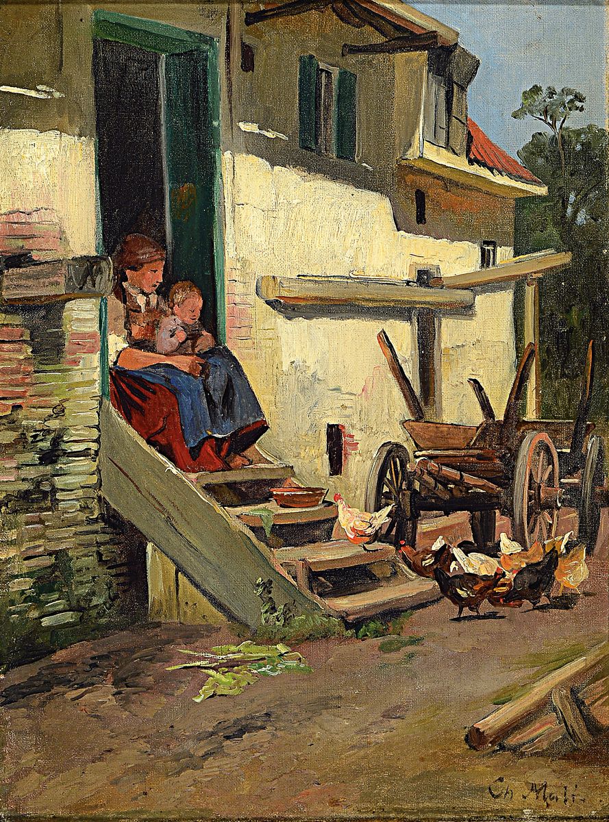 Christian Friedrich Mali, 1832 Darthuizen/Utrecht-1906 München, Nach der Fütterung, Mutter mit Kind sitzen auf der Treppe und beobachten die ...