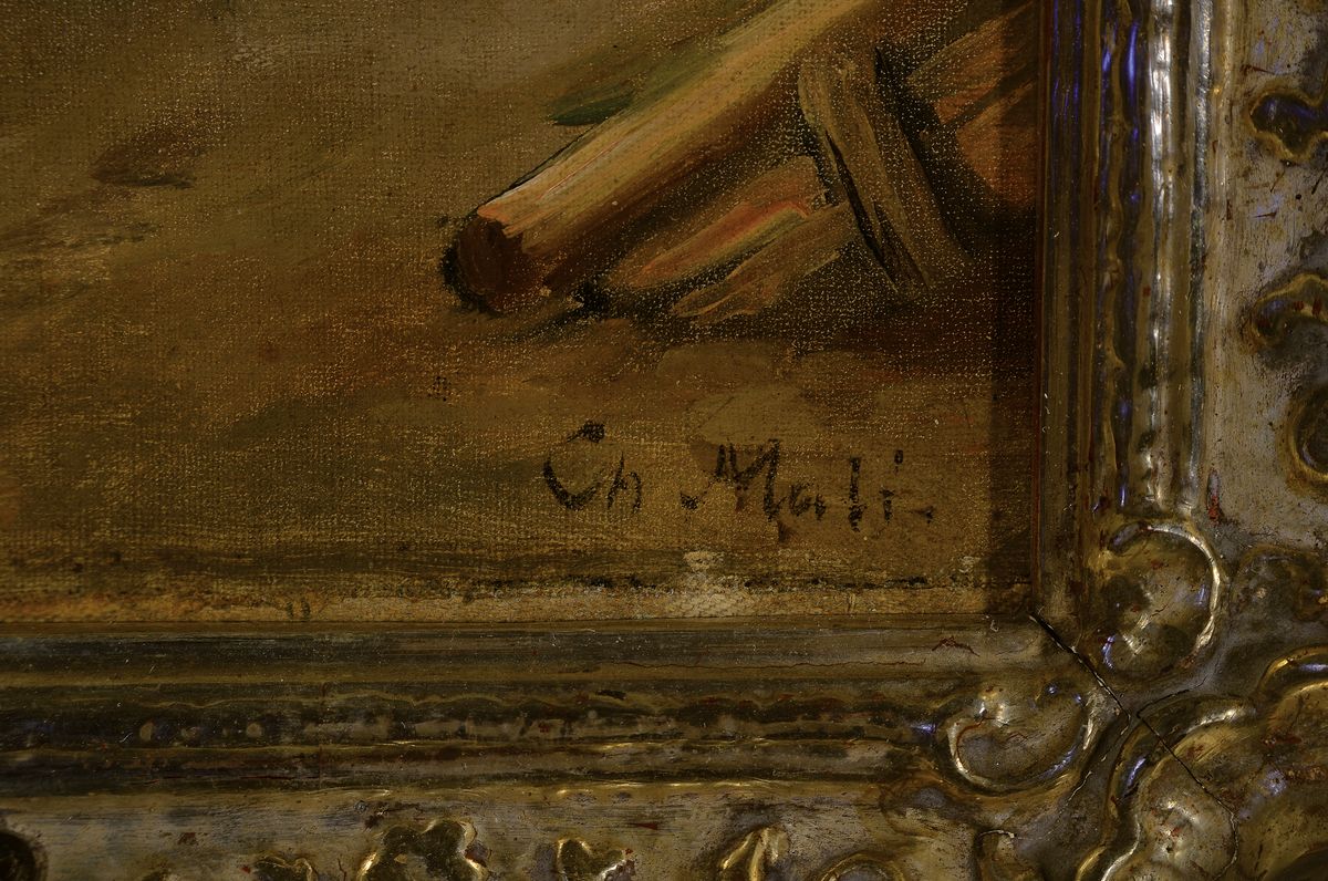 Detail a: Christian Friedrich Mali, 1832 Darthuizen/Utrecht-1906 München, Nach der Fütterung, Mutter mit Kind sitzen auf der Treppe und beobachten die ...