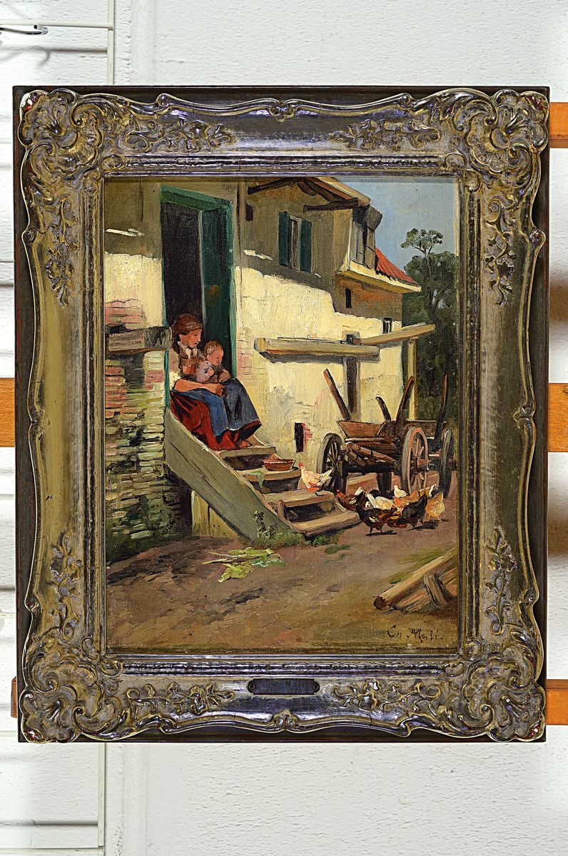 Detail k: Christian Friedrich Mali, 1832 Darthuizen/Utrecht-1906 München, Nach der Fütterung, Mutter mit Kind sitzen auf der Treppe und beobachten die ...
