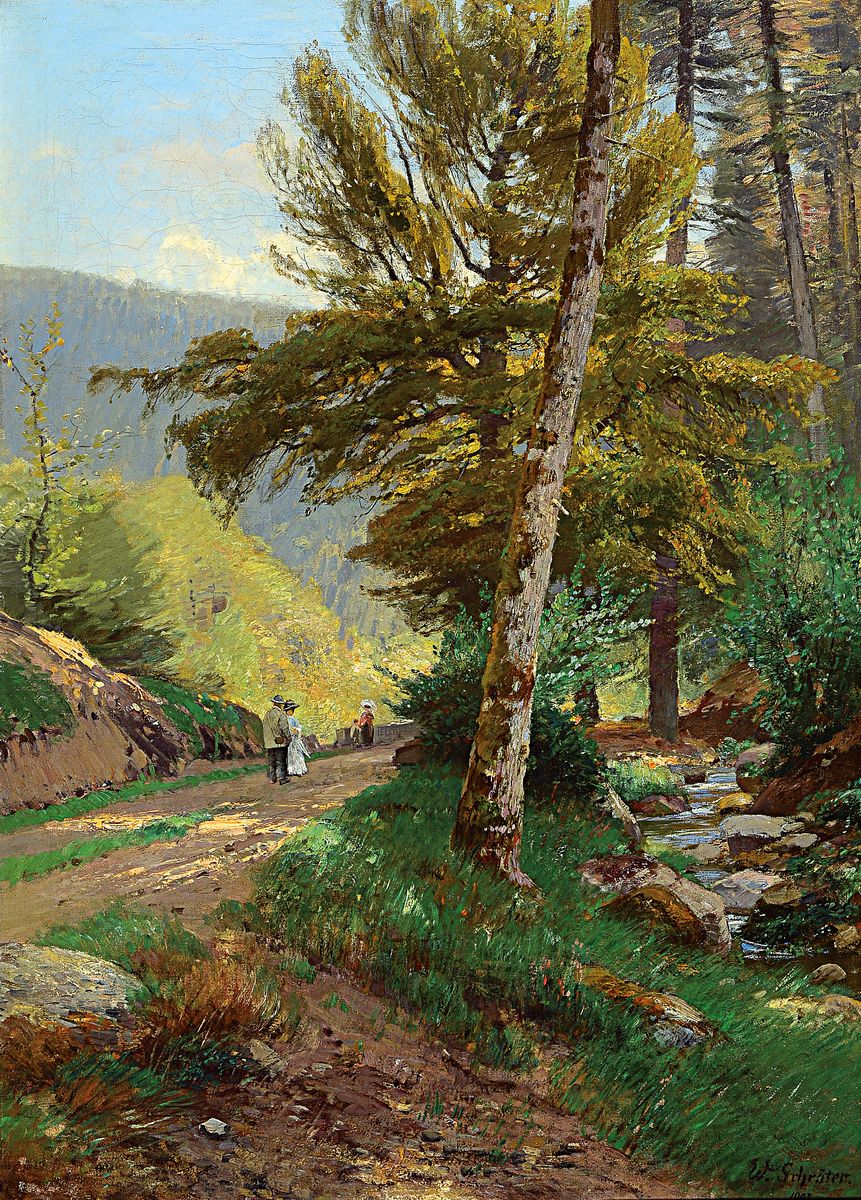 Wilhelm Schröter, 1849 Dessau-1904 Karlsruhe, Spaziergänger auf einem Weg am Waldrand, rückseitig auf Etikett betitelt: Rauminzachtal, Öl/Lwd, ...