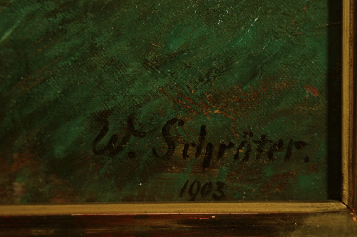 Detail a: Wilhelm Schröter, 1849 Dessau-1904 Karlsruhe, Spaziergänger auf einem Weg am Waldrand, rückseitig auf Etikett betitelt: Rauminzachtal, Öl/Lwd, ...