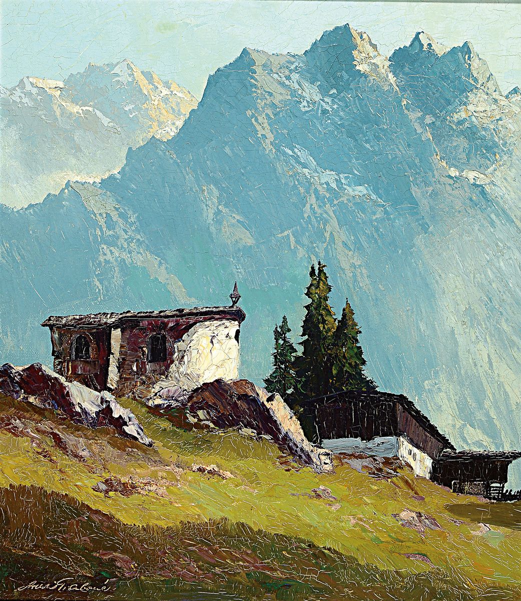 Arnold Graboné, 1896 München-1982 Starnberg, Bergkapelle in den Dolomiten (Grödnertal), rückseitig so betitelt, Öl/Lwd, doubl., expressive ...