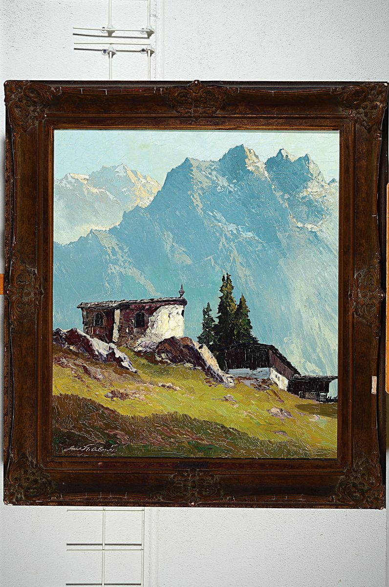 Detail k: Arnold Graboné, 1896 München-1982 Starnberg, Bergkapelle in den Dolomiten (Grödnertal), rückseitig so betitelt, Öl/Lwd, doubl., expressive ...