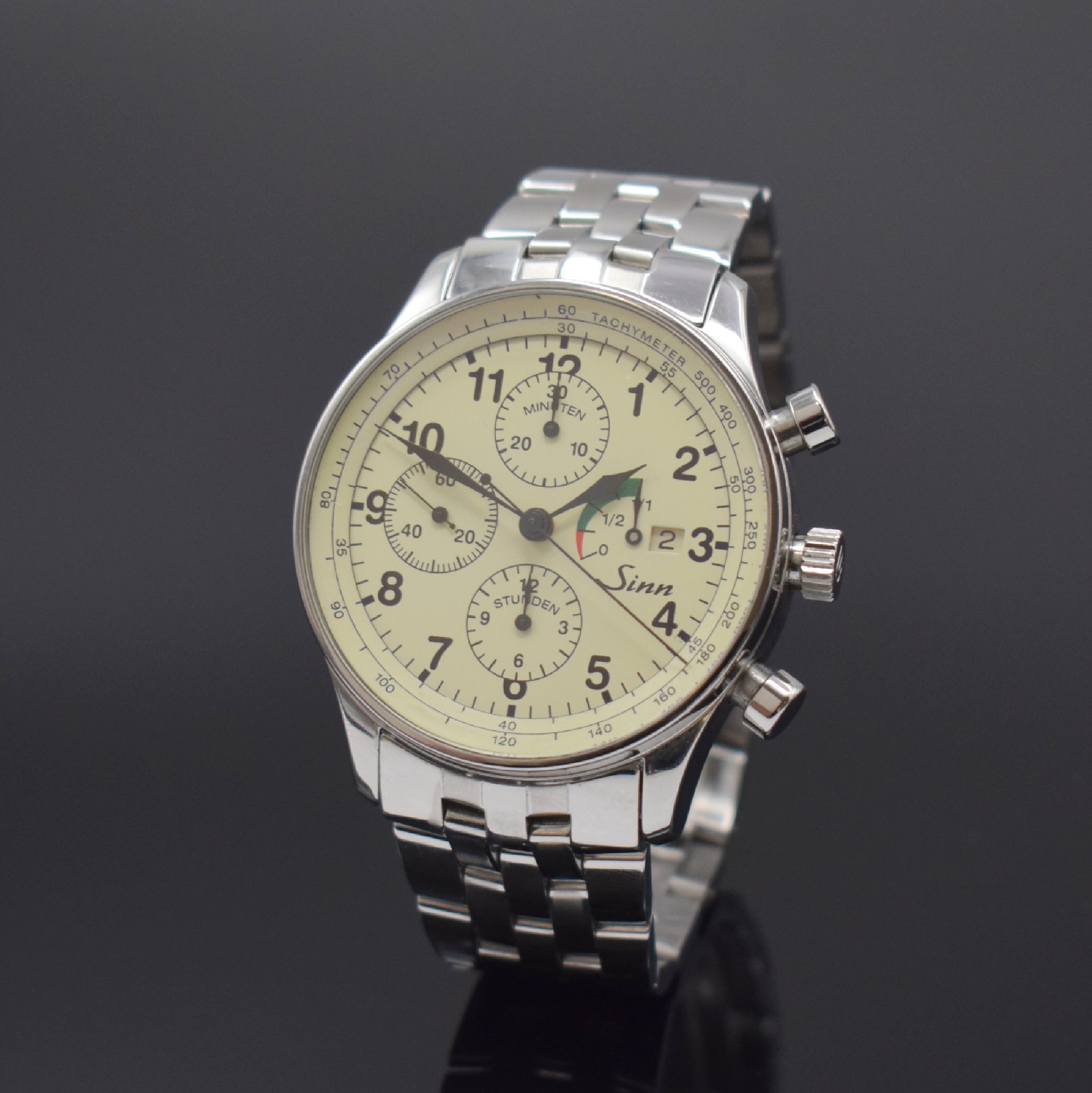 SINN Armbandchronograph Referenz 956, Automatik, Deutschland 1990er Jahre, verschr. und beids. vergl. Edelstahlgeh. inkl. orig. Gliederband m. dopp. ...