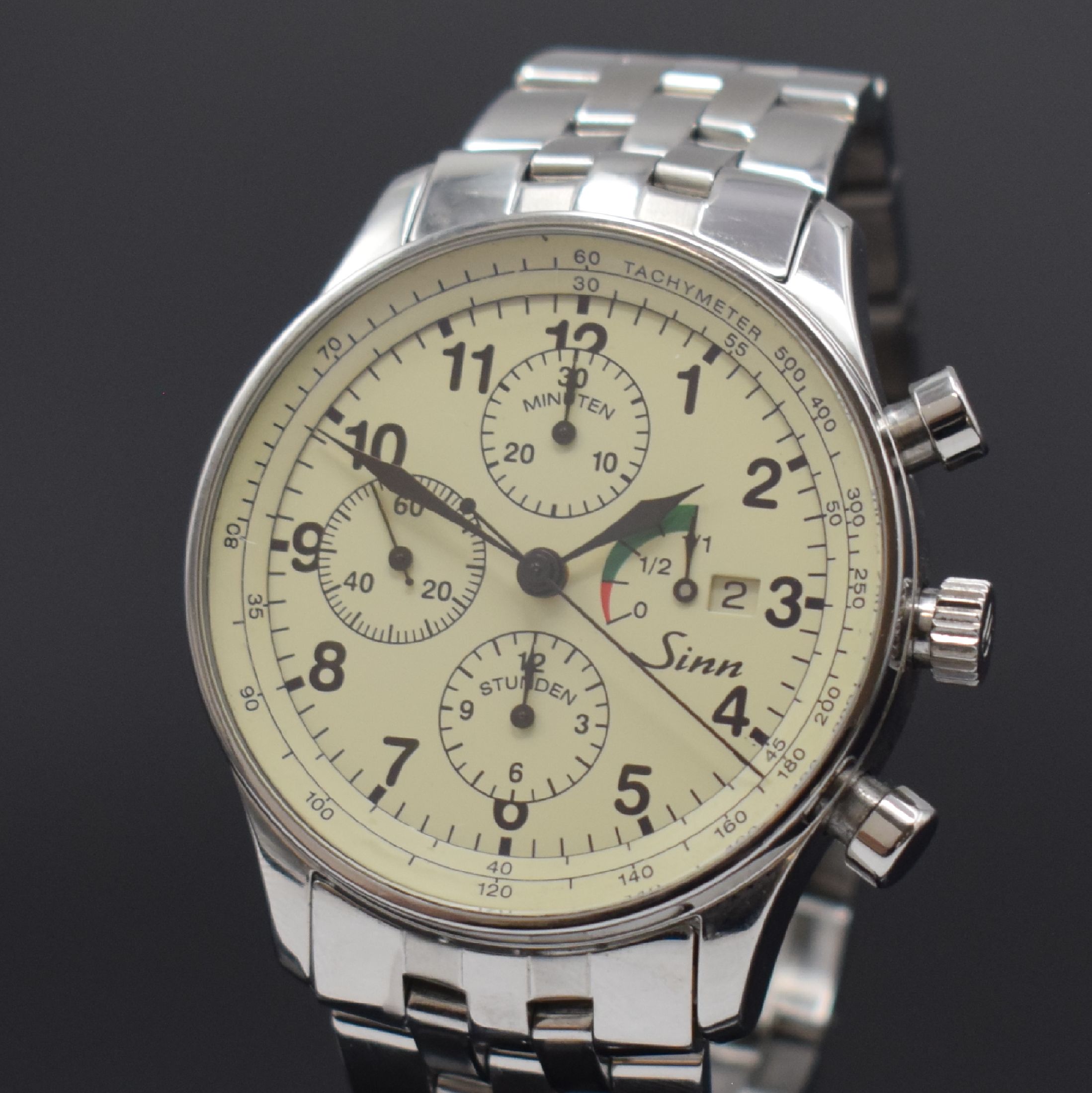 Detail a: SINN Armbandchronograph Referenz 956, Automatik, Deutschland 1990er Jahre, verschr. und beids. vergl. Edelstahlgeh. inkl. orig. Gliederband m. dopp. ...
