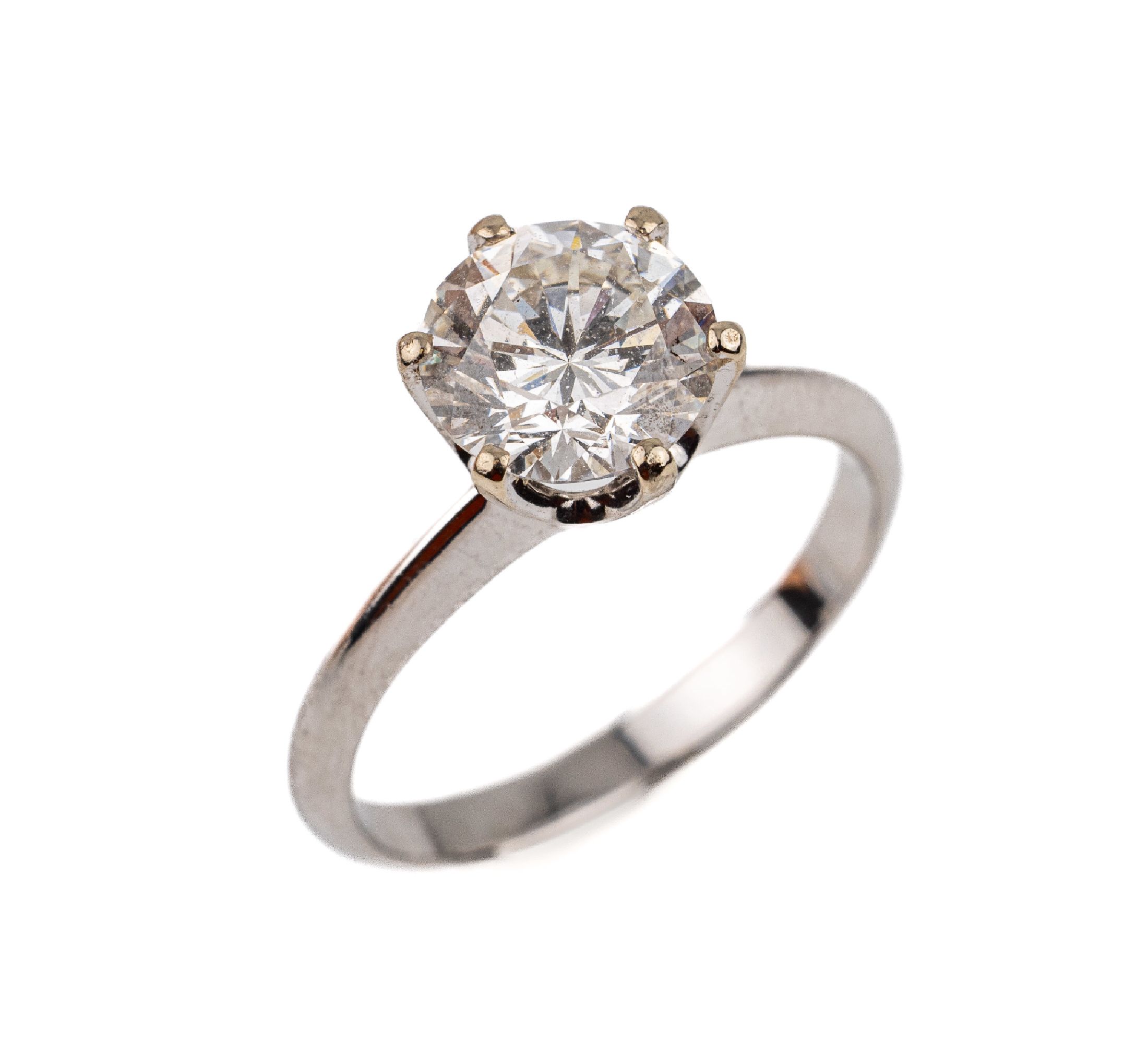 18 kt Gold Brillant-Ring, WG 750/000, Brillant-Solitär ca. 1.78 ct feines Weiß+(F)/vs2, RW 53, ca. 3.1 g, DPL-Expertise anbei